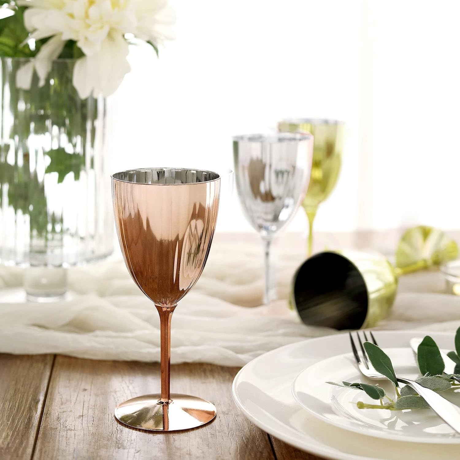 Efavormart Set of 6-8Oz - Silver Metallic Premium Disposable Wine Glasses, Stemmed Wine Goblets for Wedding, Outdoor Receptions, Banquets, Holiday Dining
