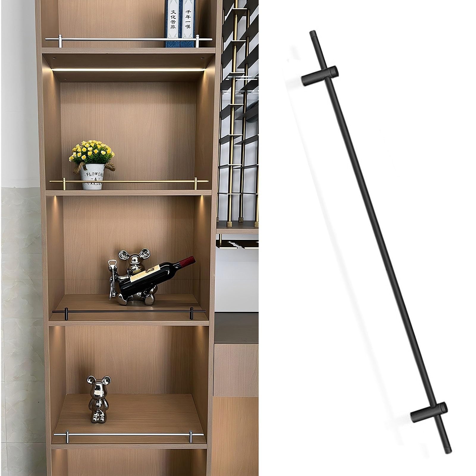 MESCXTY Metal Shelf Fall Protection Guard Rail, 14~42 Inch Long Decorative Tipping Rail Set for Wood/Gallery Shelves, Bookshelf, Shoe Racks, Cabinets Guardrail Bar(Black-4 Pack,23in/58cm)