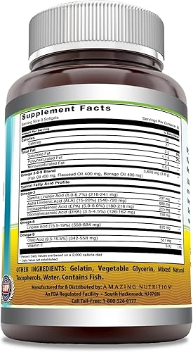 Miniatura 2 de Amazing Omega 3.6.9 Suplemento  1200 mg por porción  250 cápsulas blandas  Sin sabor  Sin OMG  Sin gluten  Fabricado en Estados Unidos