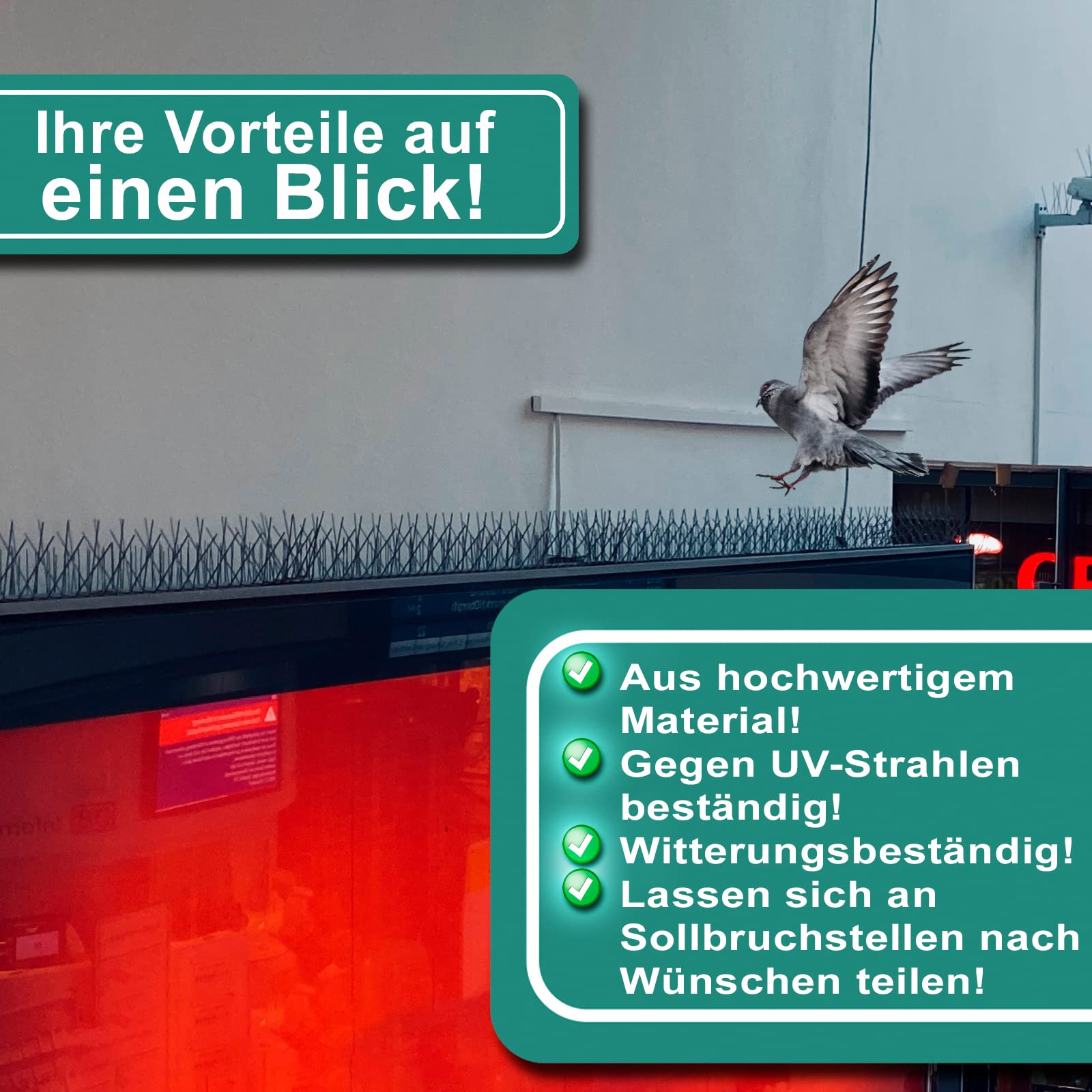 PRIOstahl Ahuyentador de palomas y pájaros con placa base de plástico, 5 filas, 15 metros (30 x 0,50 cm), protección contra pájaros, para balcón, techo, ventana, resistente a los rayos UV y al óxido,