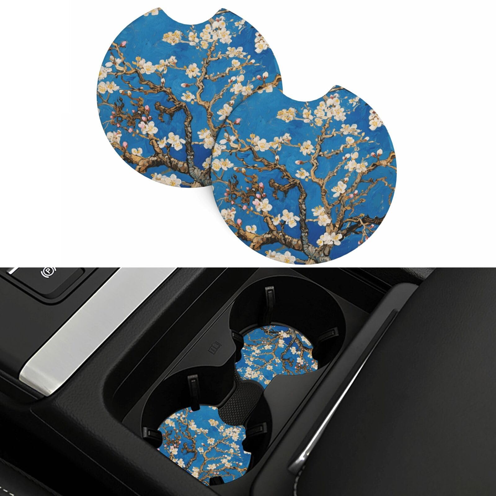 2 Pack Car Coasters,2.7" Universal Car Cup Holder Coasters Non-Slip Neoprene Cup Pad Mat Coaster Car Interior Accessories for Women Men Blossoming Almond Tree-1