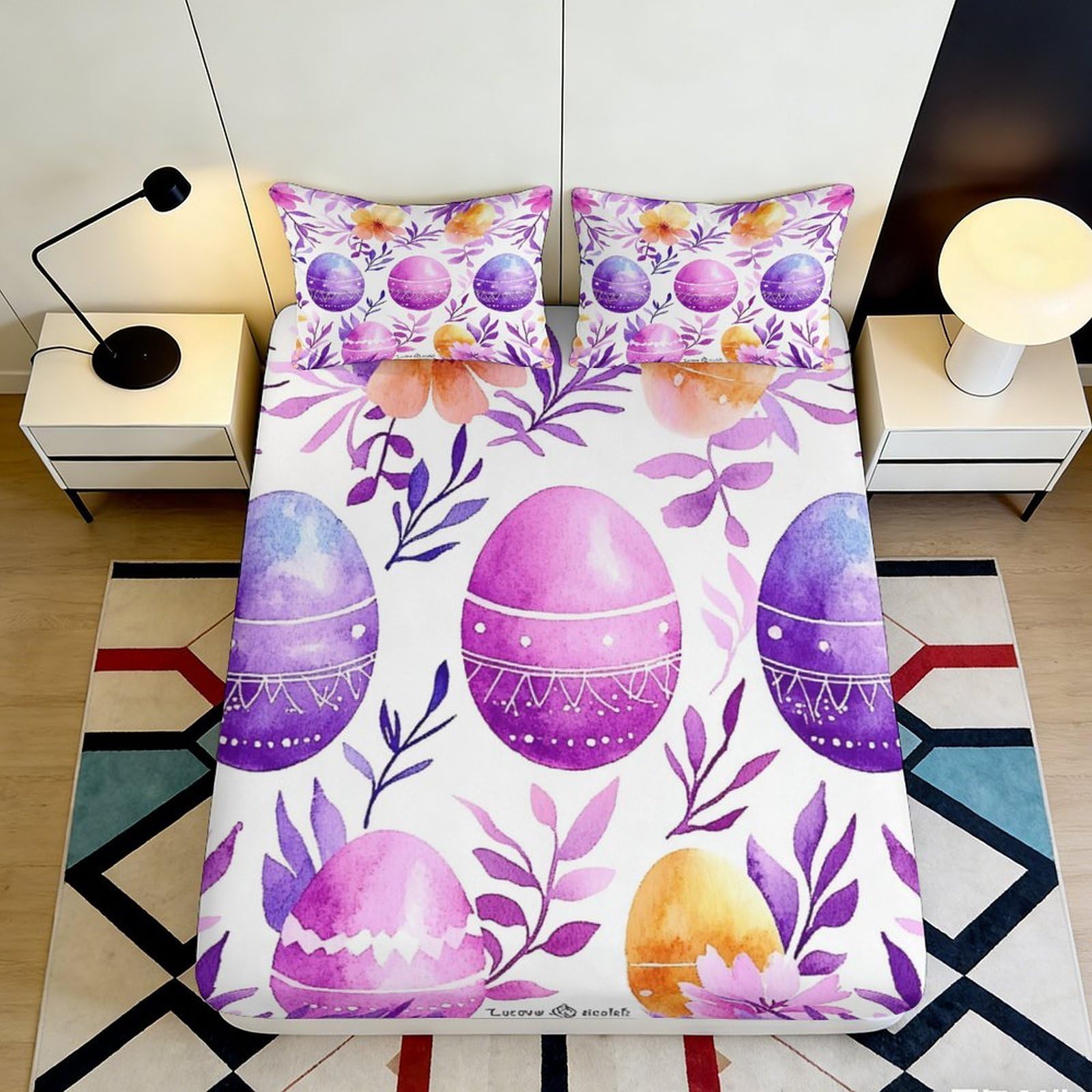 3D Printed Easter Eggs Fitted Sheet Microfiber Deep Pocket Bedroom Bedding Easter Design Mattress Fitted Cover Non-Slip Washable All Ages 180x200x25cm