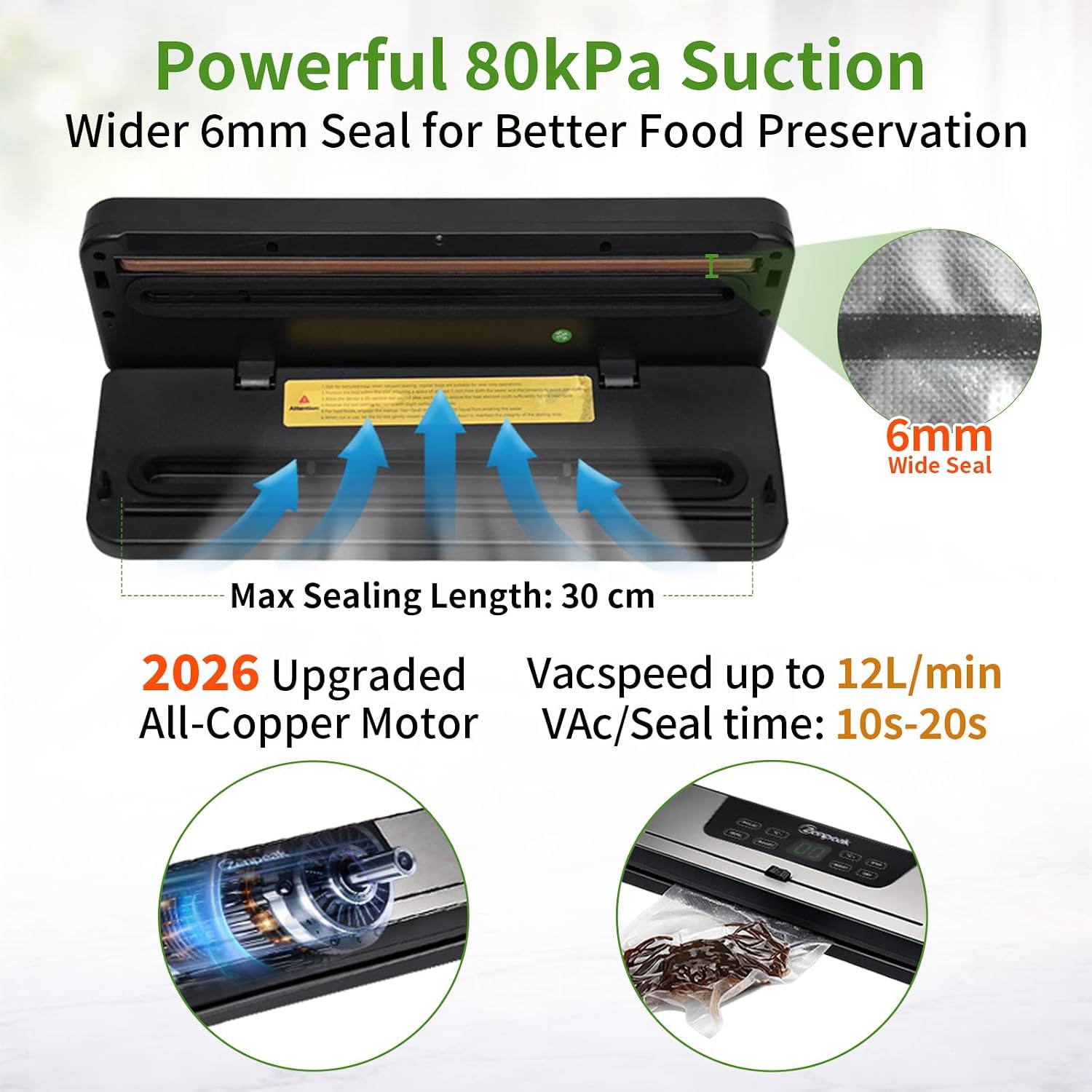 Vacuum Sealer for Food, 80kPa Food Vacuum Sealer Machine with External Vacuum, Multiple Modes, 6mm Wider Seal, Removable Drip Tray, Digital Timer, Adjustable Temperature, Built-In Cutter, 10pcs Bag