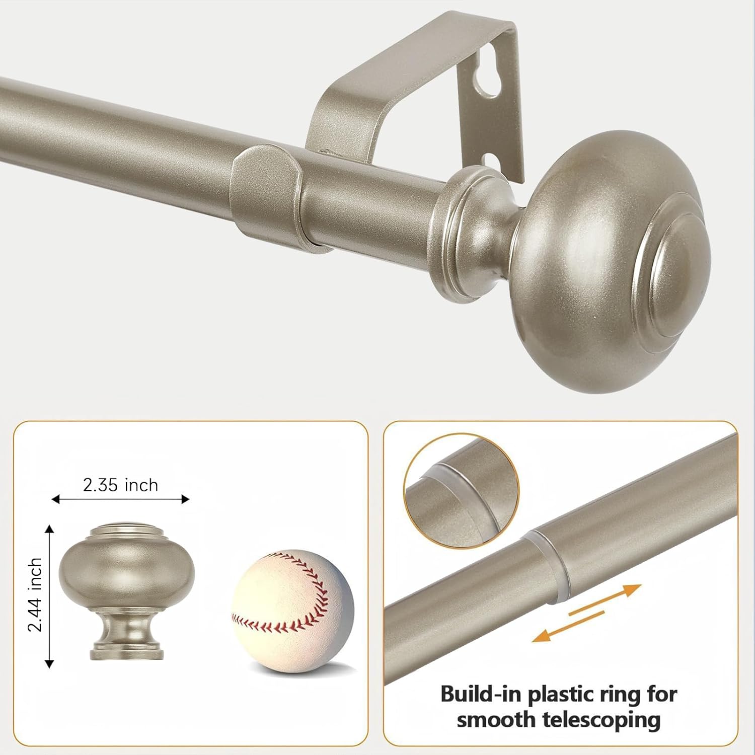 Nickel Curtain Rods for Windows 32 to 48 or 60 Inch,1 Inch Heavy Duty Curtain Rod with Imitation Wood Grain Finials, Boho Adjustable Drapery Rods of Window Treatment