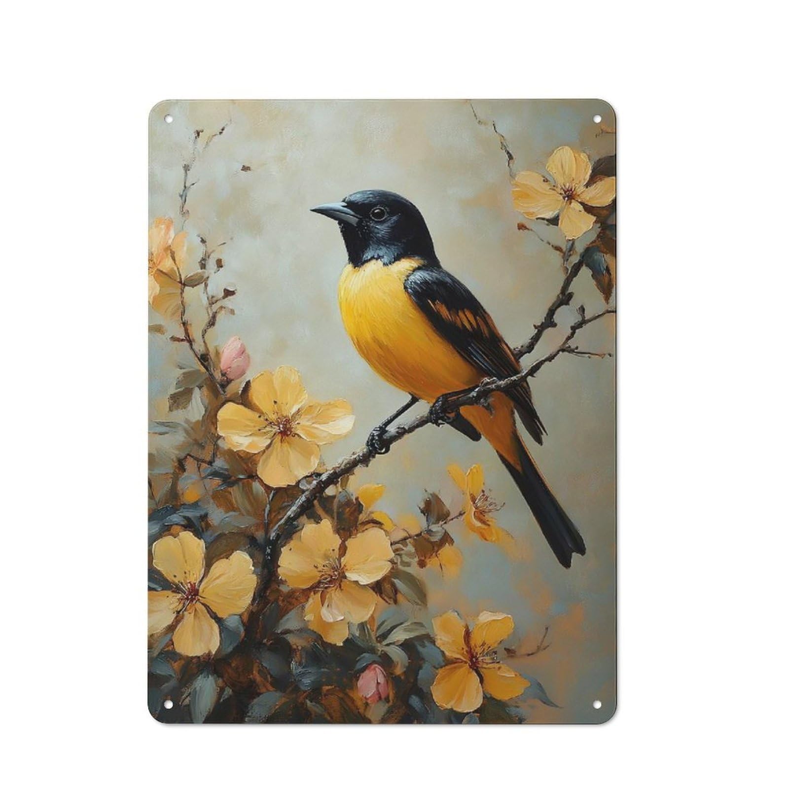 Junmoney Style-2 Oriole Bird On A Branch With Flowers Classic Metal Wall Decor 40X30cm, Tin Sign For Bar, Kitchen, Garage Or Games Room