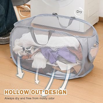 Durable Collapsible Laundry Baskets, Mesh P-op Up Laundry Hamper with Handy Pocket, Foldable Clothes Hamper with Reinforced Carry Handles for Laundry, Bathroom, Kids Room or Travel (Grey)