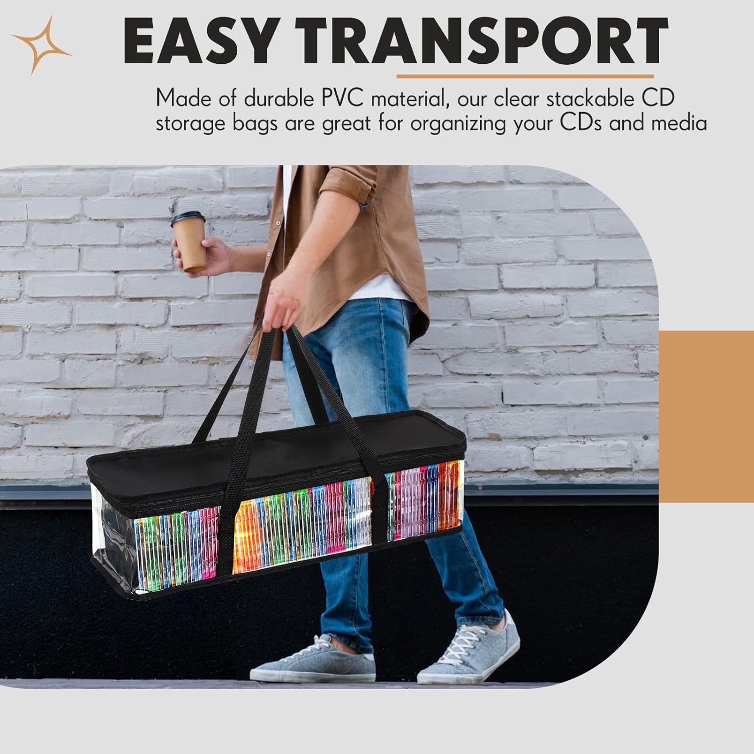 Woanger 10 Pieces CD Storage Bags Transparent PVC DVD Storage Cases Water Resistant CD DVD Holder with Handles and Zipper Clear Media Organizer for Albums Video Games(Black) - Image 5