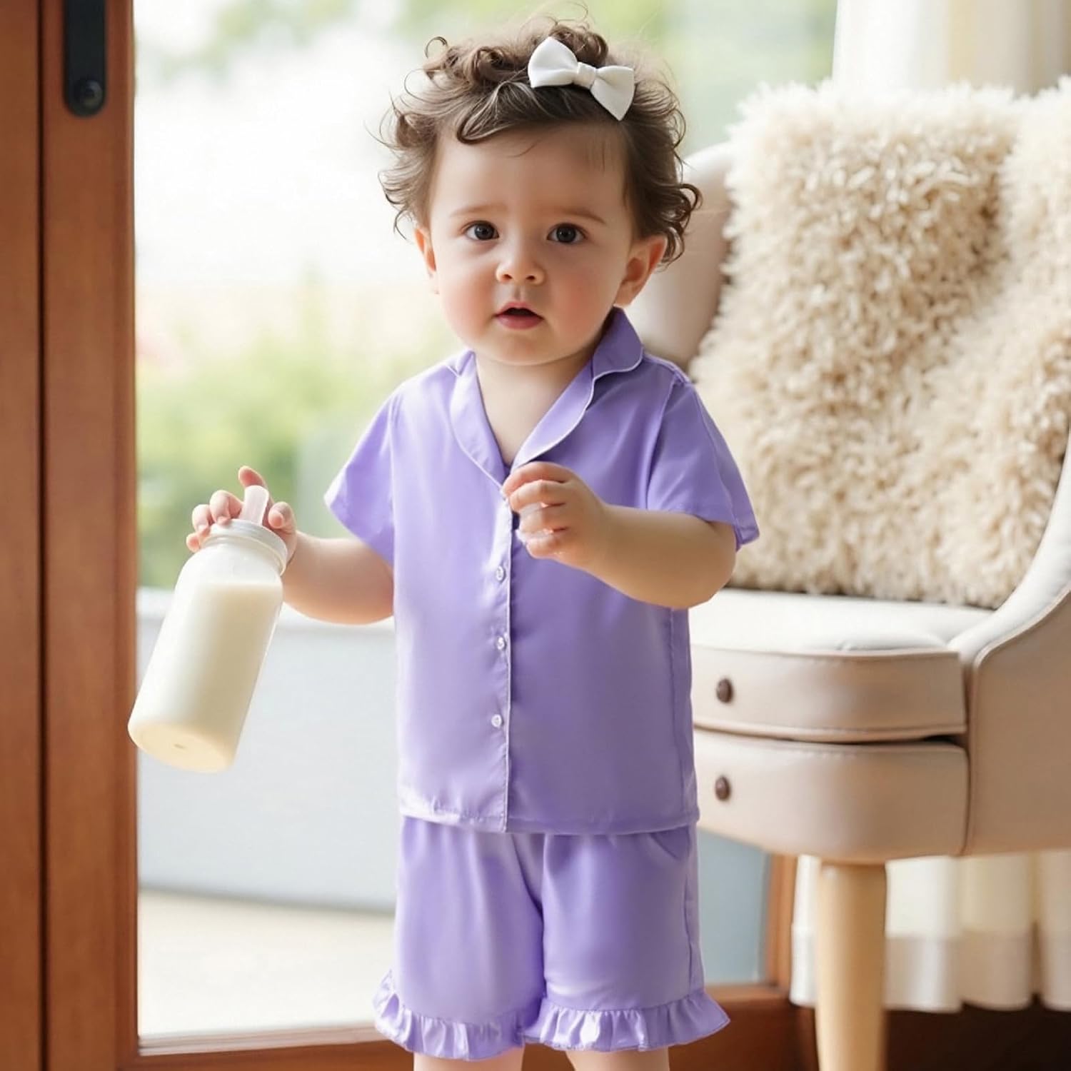 Ayalinggo Toddler Kids Girl Silk Pajamas Baby Ruffled Sleeve Button Down Satin Silk Pjs Sleepwear Loungwear Shorts Set