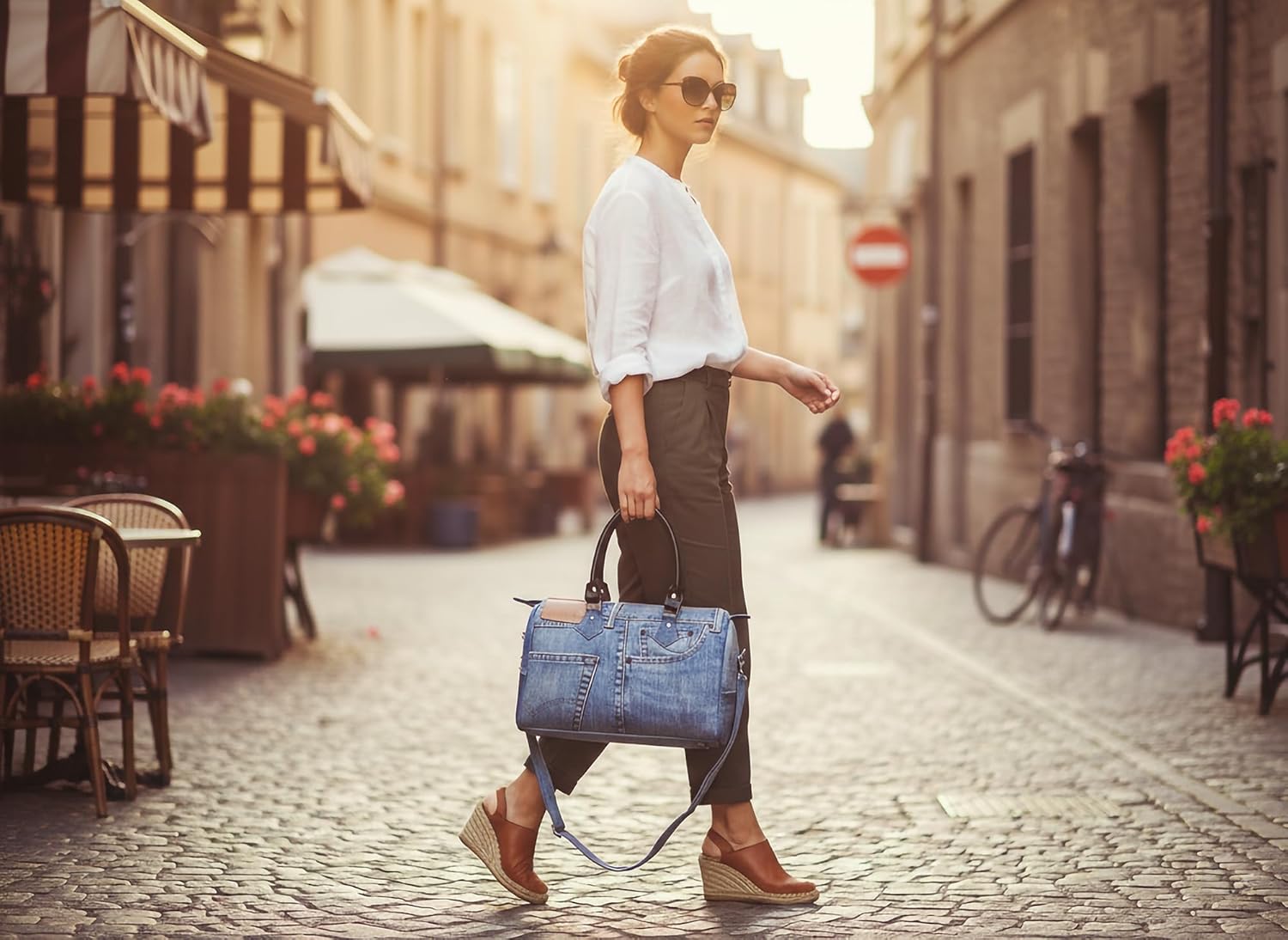 Upcycled Denim Bowler Handbag for Women, Top Handle Jean Purse with Genuine Leather, Crossbody Everyday Bag (BL-070)