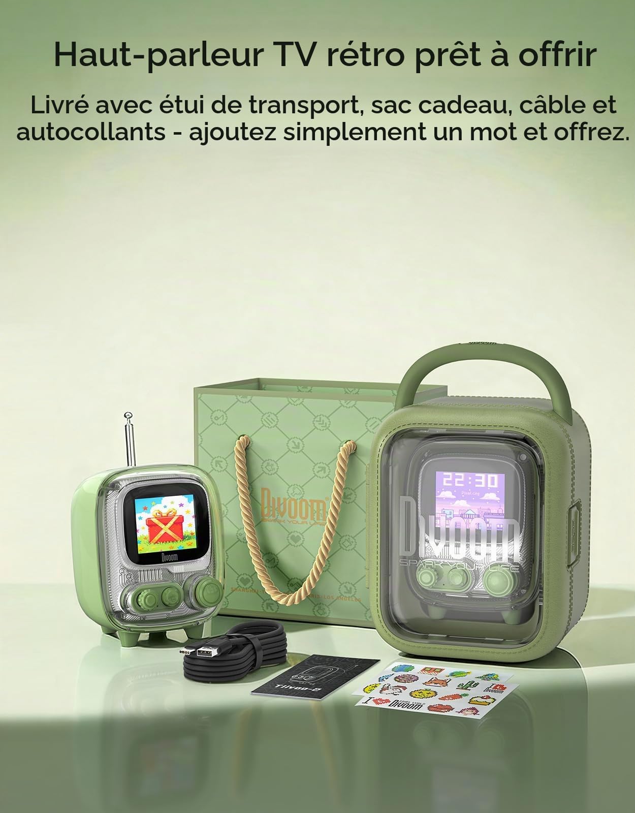 Divoom Tiivoo-2 Enceinte Bluetooth rétro avec Haut-Parleur sans Fil Mignon, Petit, Tendance, Multifonction, Pixel Art, Horloge, Chargement d'album, Bruit Blanc, Cadeau, Compatible avec (Vert)