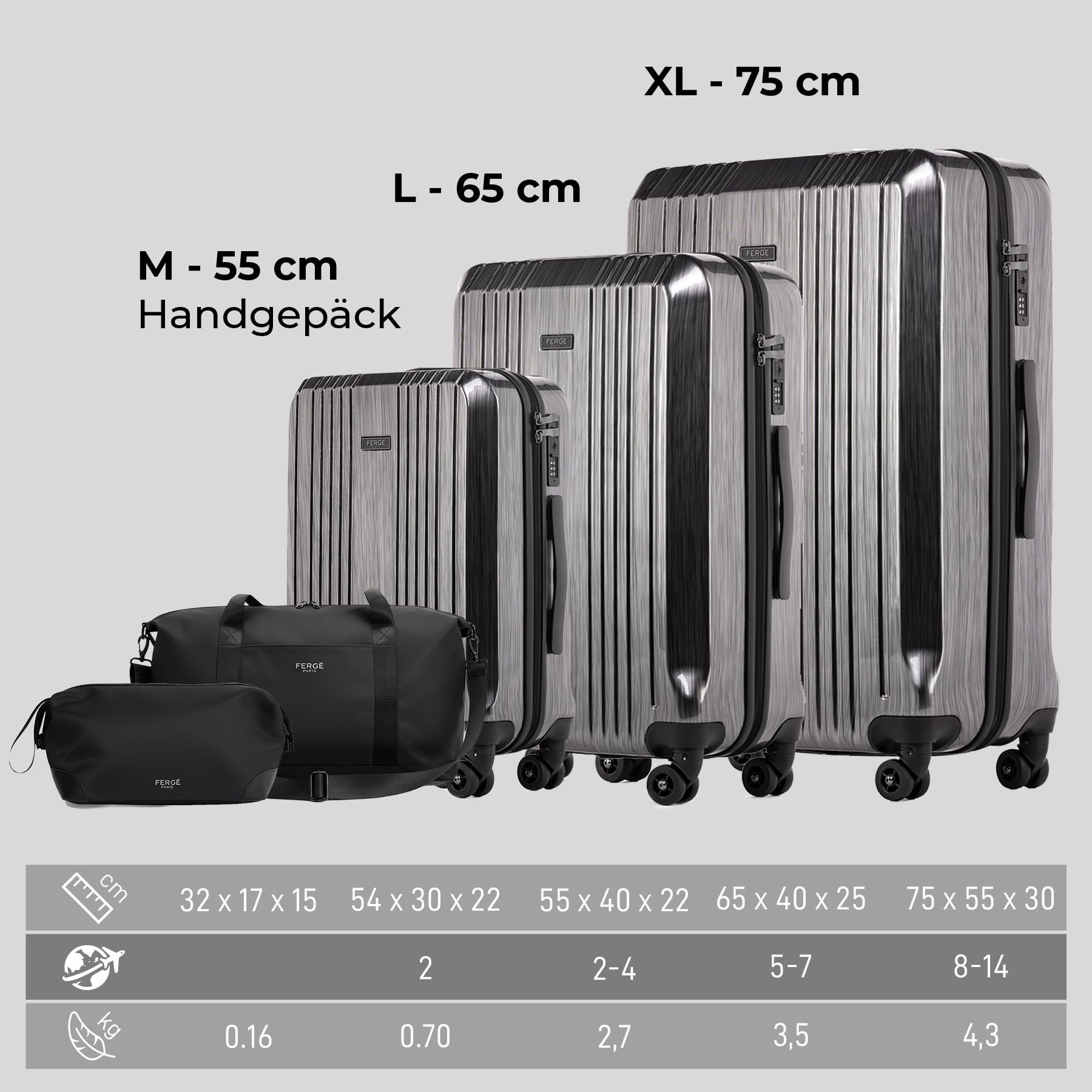 FERGÉ Set di valigie 3 pezzi con guscio rigido e lucchetto TSA Cannes, set di trolley da viaggio (bagaglio a mano, L, XL) Set di 3 valigie con guscio rigido, trolley con 4 ruote morbide, robusto