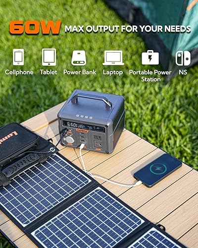 Miniatura 2 de LUMOPAL - Panel solar portátil, 60 W, paneles solares plegables, cargador solar plegable con PD60W USB-C 5V USB-A QC3.0 DC18-20V, IP65 impermeable