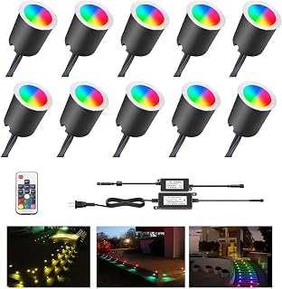 Recessed Deck Lights Kits with Protecting Shell and Transformer, Rnehon Landscape Lights Waterproof IP65 Outdoor,12V Low Voltage for Garden,Yard Steps,Stair,Patio,Floor,Kitchen Decoration(10PCS,RGB)
