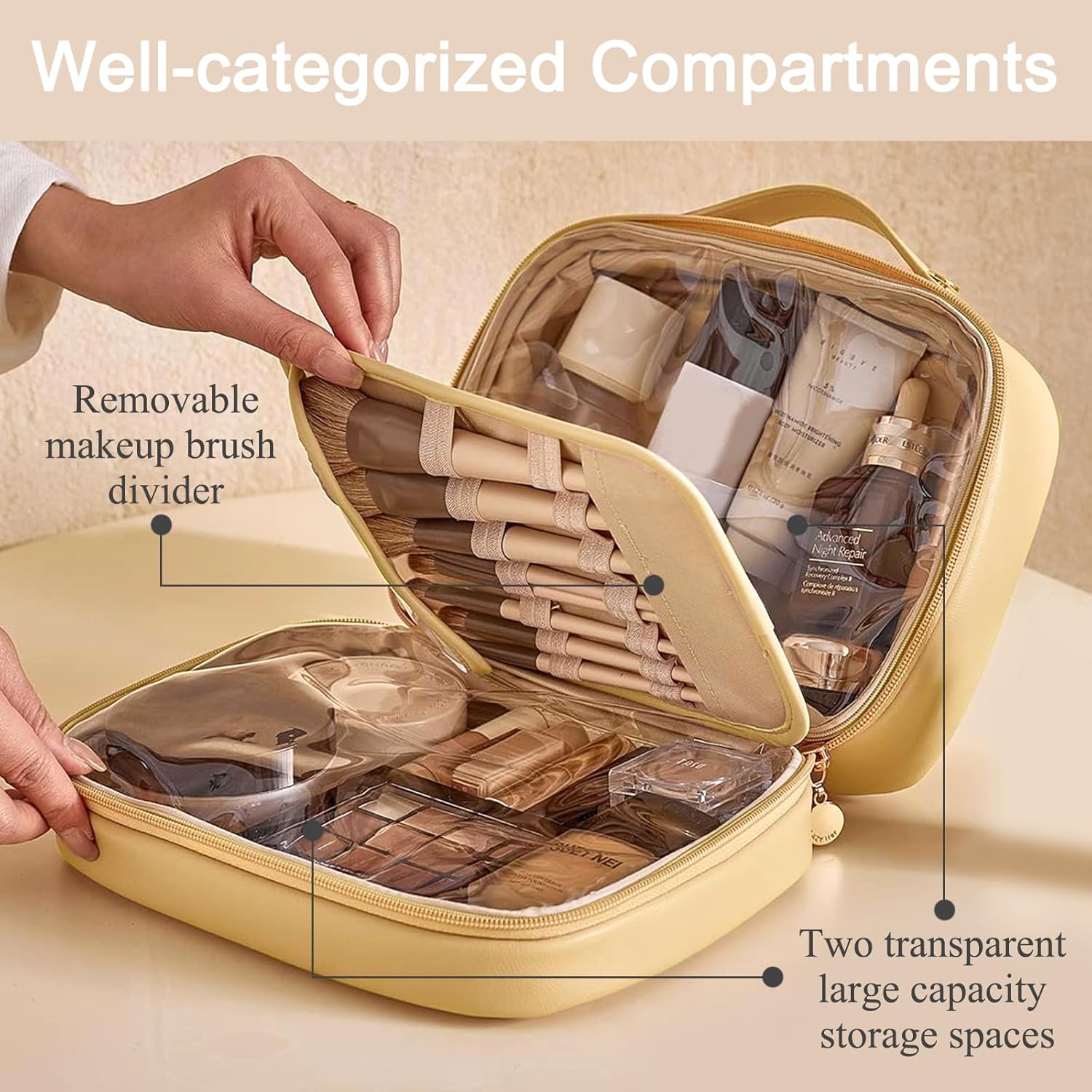 Travel Makeup Bag Large Capacity Cosmetic Bags with Compartment Open Flat Make up Organizer Waterproof Leather for Women,Yellow