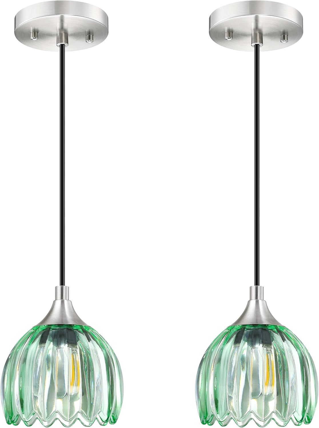 5.1" Green Tulip Glass Hanging Industrial Kitchen Island Farmhouse Rustic Vintage 2 Pack 1-Light Pendant Ceiling Light Brushed Nickel Finish Fixture,for Dining Room Hallway Entryway Bedroom 2 Pack Green Glass