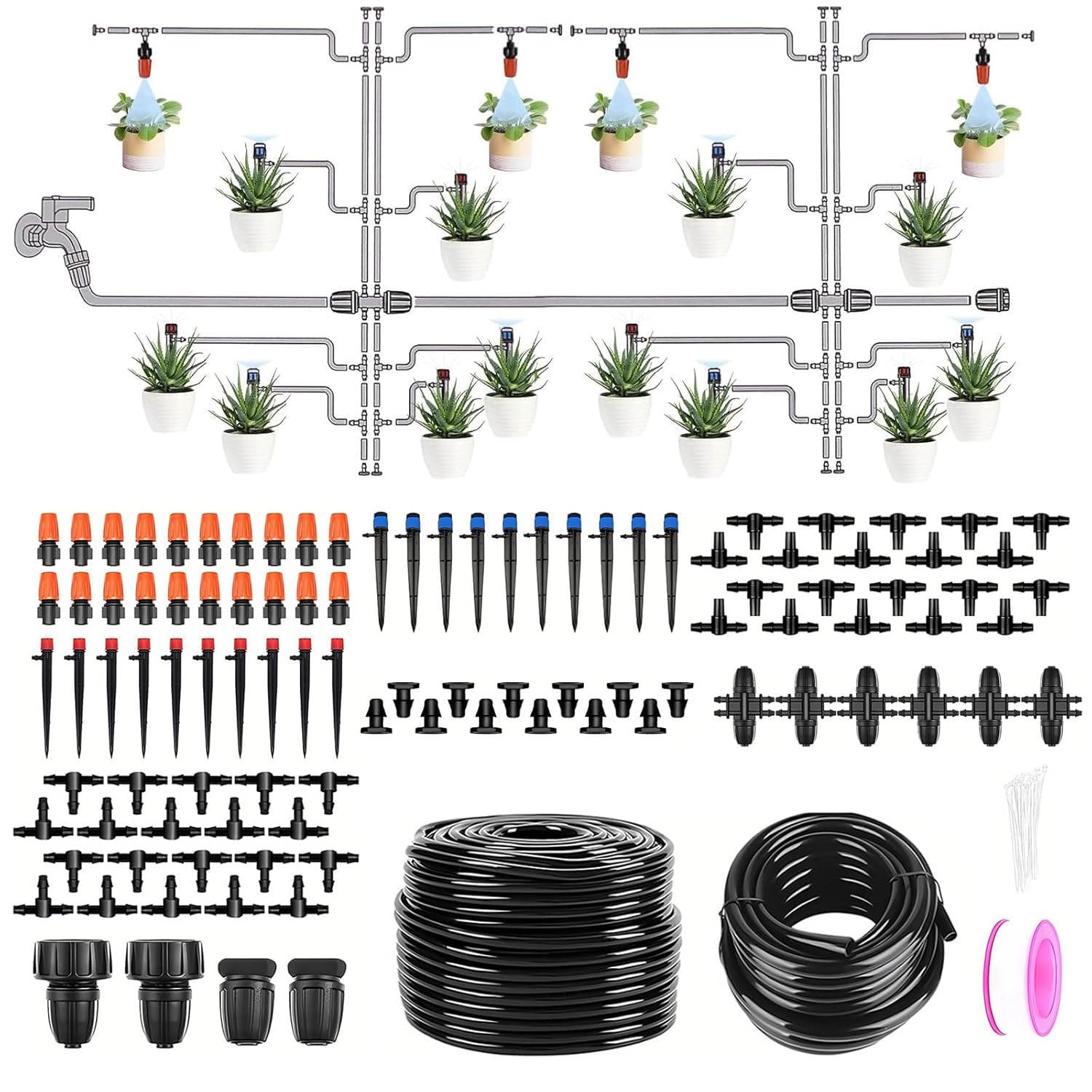 Set di irrigazione a goccia automatico, 60 + 12 m, tubo principale da 8/11 mm, da giardino | Controllo intelligente, utilizzabile universalmente su terrazze, prati e serre