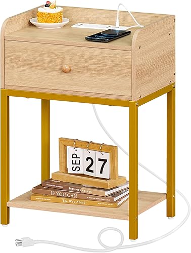 Lerliuo Mesita de noche con estación de carga y puertos USB, mesita de noche natural con cajones de almacenamiento, mesa auxiliar pequeña de 3