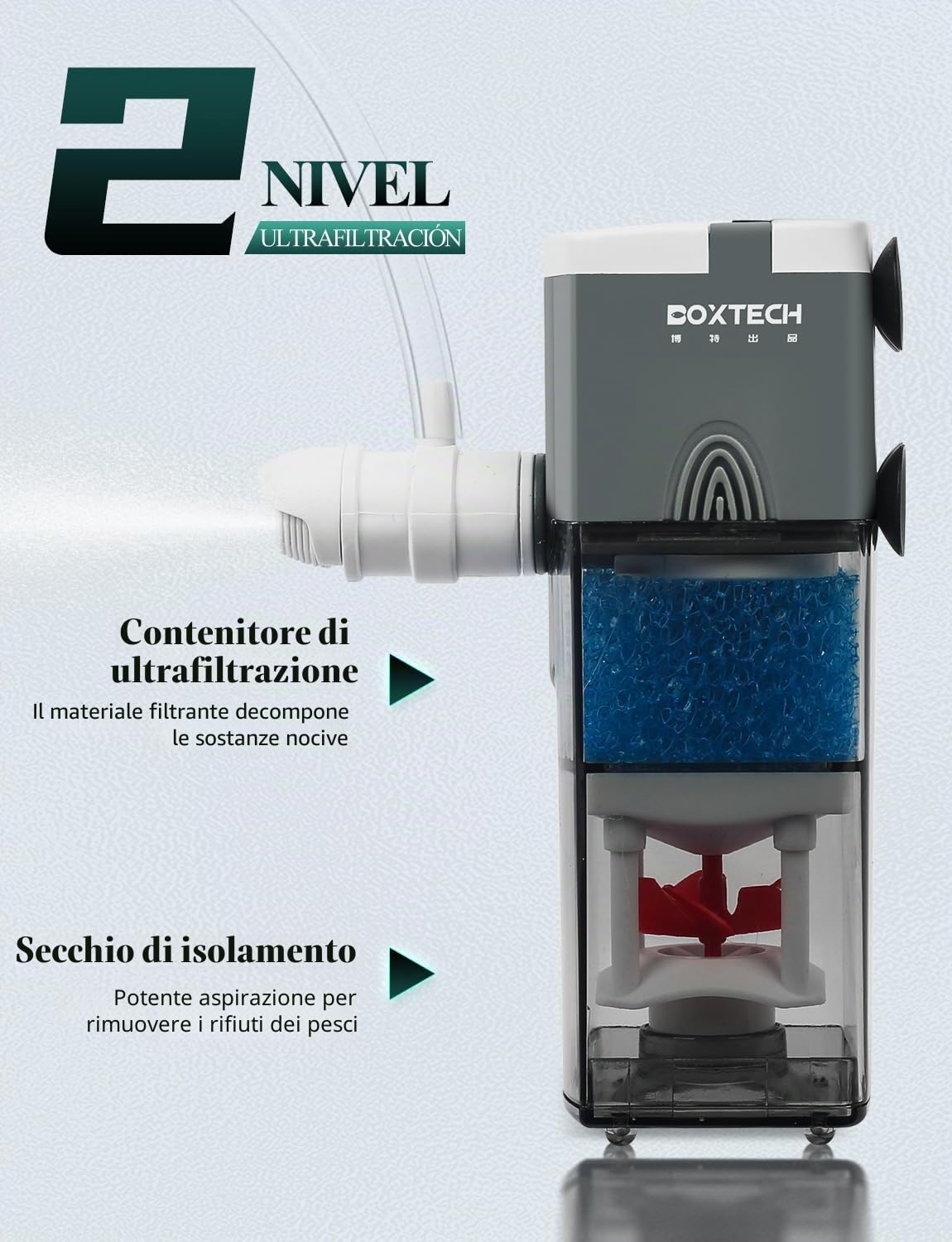 boxtech Filtro per Acquario Interno 3 W, 4 in 1 Filtro per Acquario Pompa di Potenza Ultra silenziosa Filtro in Spugna Regolabile, Portata 220 l/h, Adatto per 5-65 Litri