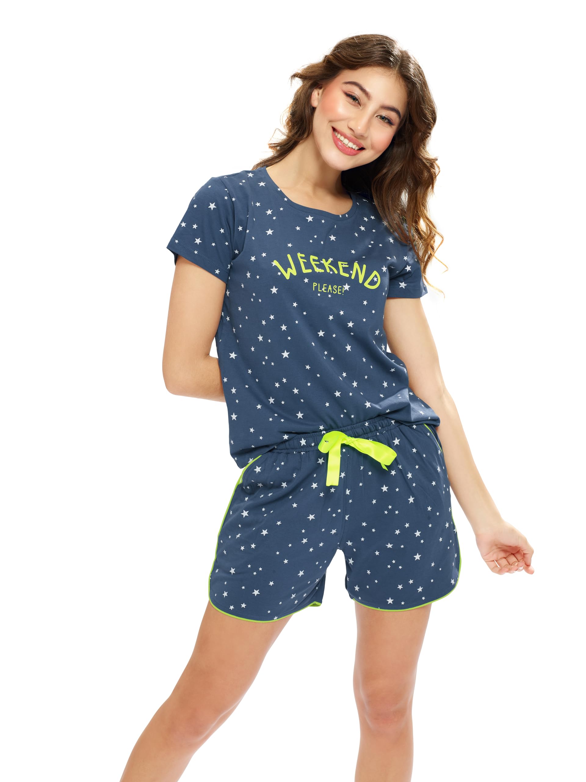Women's Cotton Star Print Top & Shorts Nightwear Set-image-44