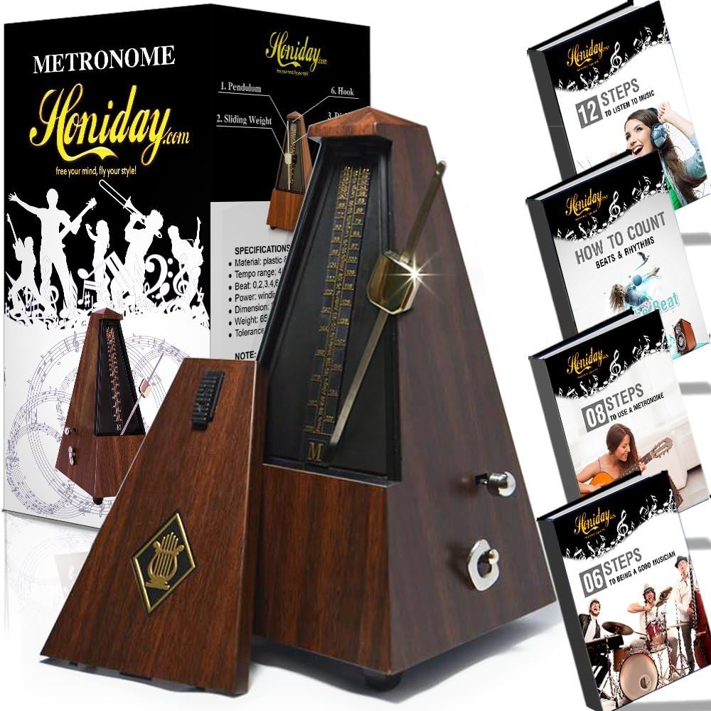 Mechanical Metronome | Vintage, Antique Style Beat Keeper | Tuner for Musical Instruments | Guitar, Piano, Drums, Violin, Vocals | Includes Training eBooks | Wood Color