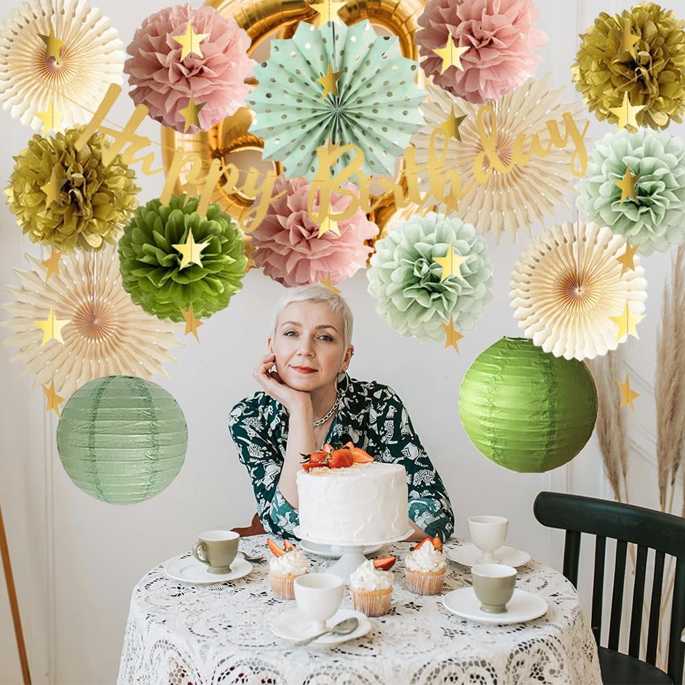 Olive Sage Green and Dusty Pink Birthday Decorations Pink Green Gold Birthday Decorations with Happy Birthday Banner Garland Sage Green Gold Paper Pom Poms for Girls Women Birthday Party Decor - Image 2