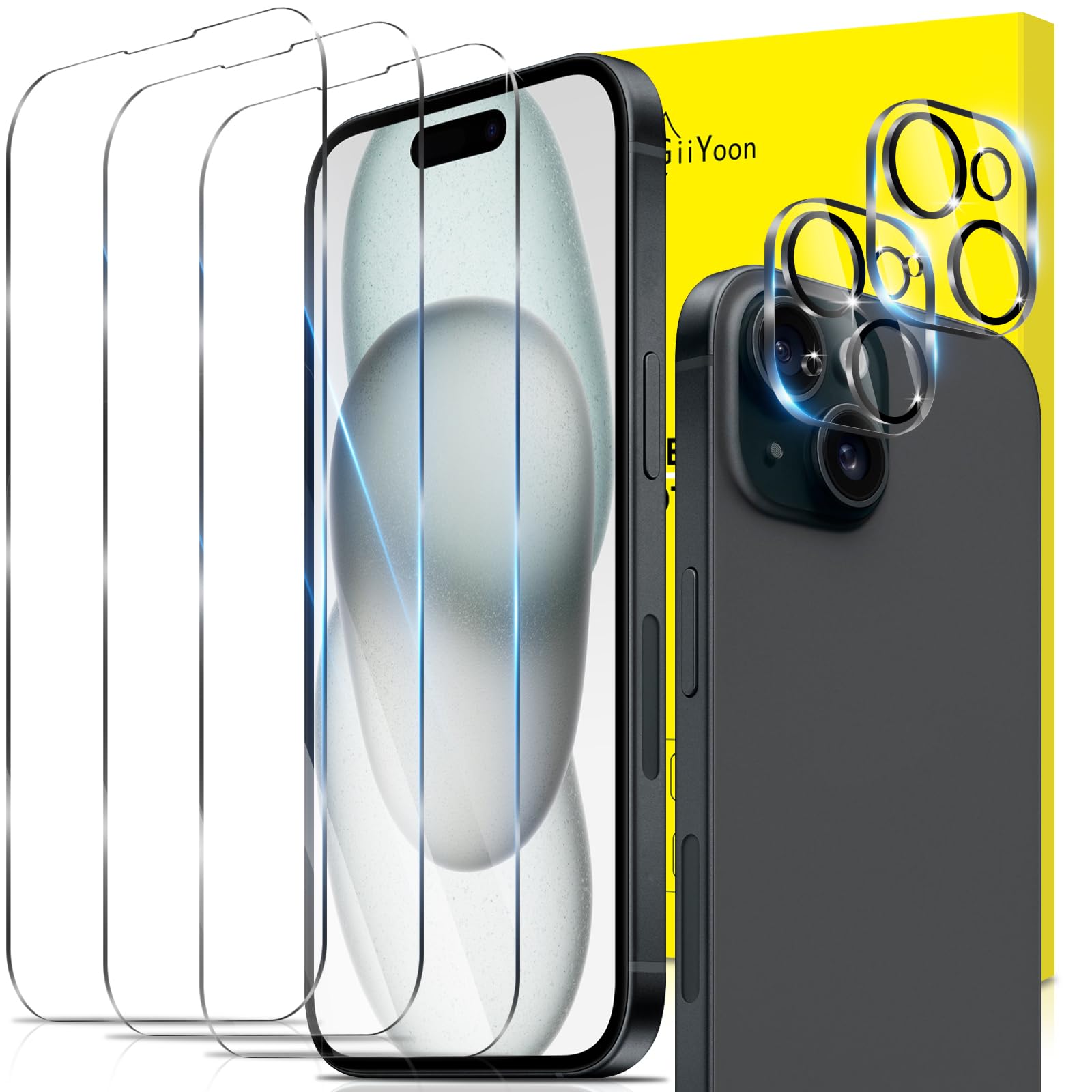 GiiYoon 2+3 Pack Screen Protector for iPhone 15 Plus with 3 Pack Tempered Glass Screen Protective Film and 2 Pack Camera Lens Protector [9H Hardness] [Bubble Free] Protective Film