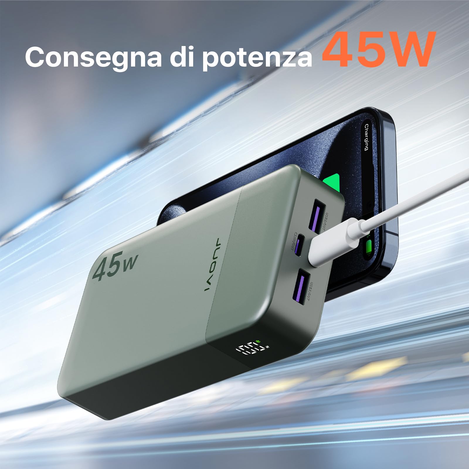 JUOVI Power Bank Portatile J2621, Batteria da 20000 mAh, Ricarica Rapida da 45 W, Compatibile con Switch, MacBook, Tablet, Dell, HP, Notebook, Samsung, iPhone 16 15 14 13, Steam Deck