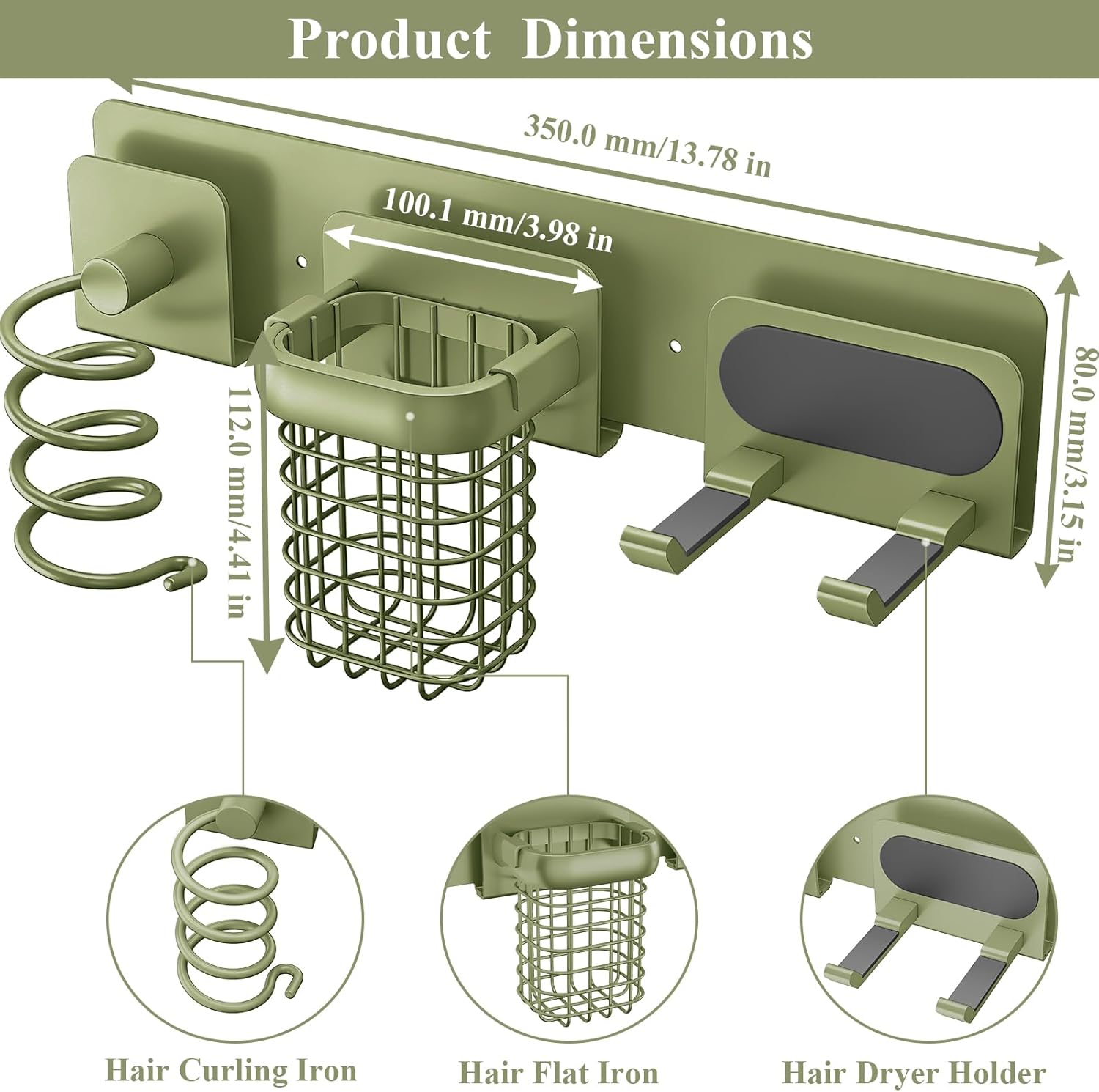 Tindbea Upgraded Aluminum Alloy Hair Dryer Holder Wall Mounted with Built-in Cord Wrap,3-in-1 Hair Tool Organizer for Blow Dryer, curling iron, and straightener, Green