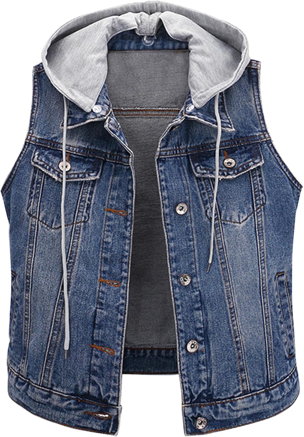 HaoMay Women's Casual Distressed Denim Vest Waistcoat with Removable Hood