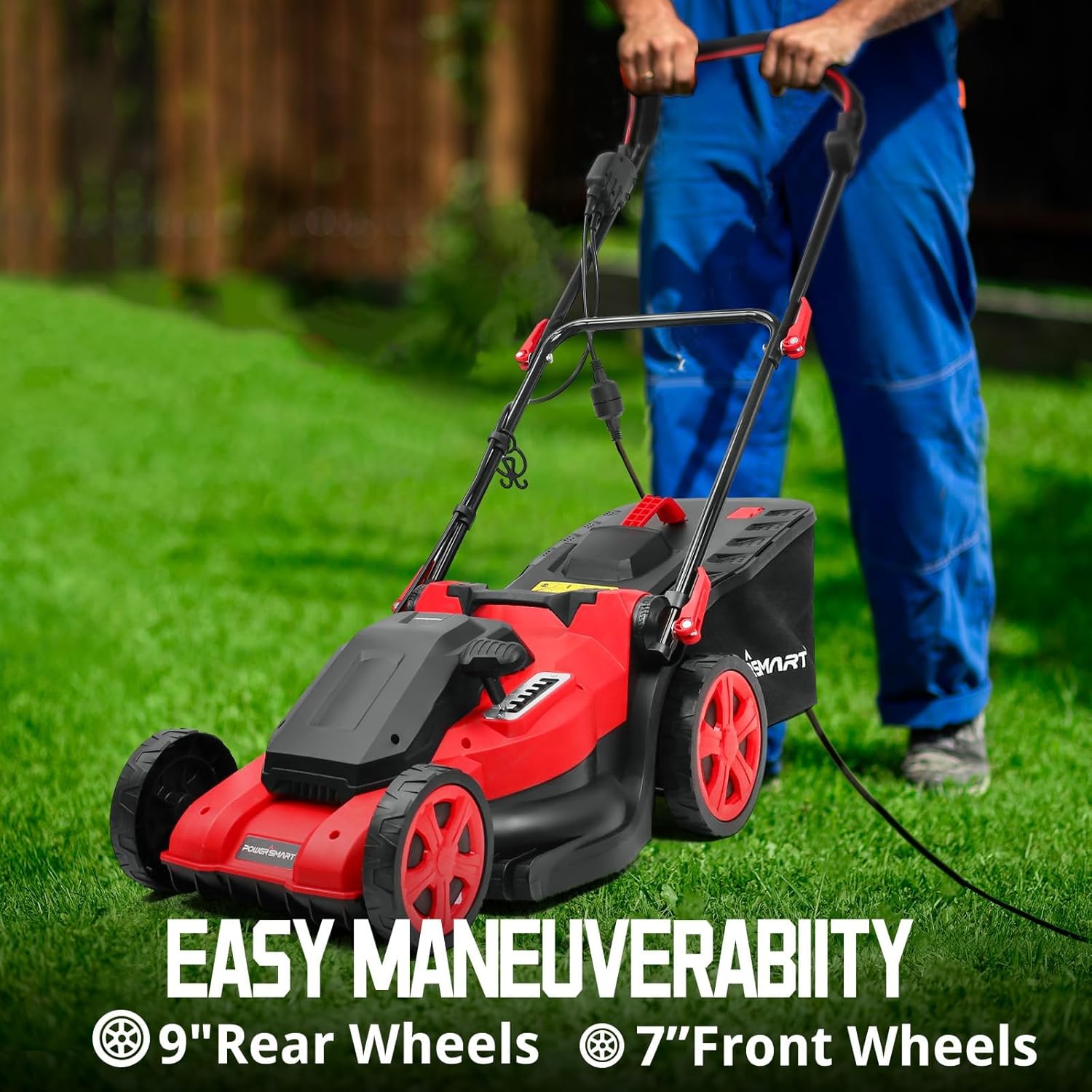 Person operating the PowerSmart lawn mower on a lawn, highlighting its easy maneuverability with 9-inch rear wheels and 7-inch front wheels.
