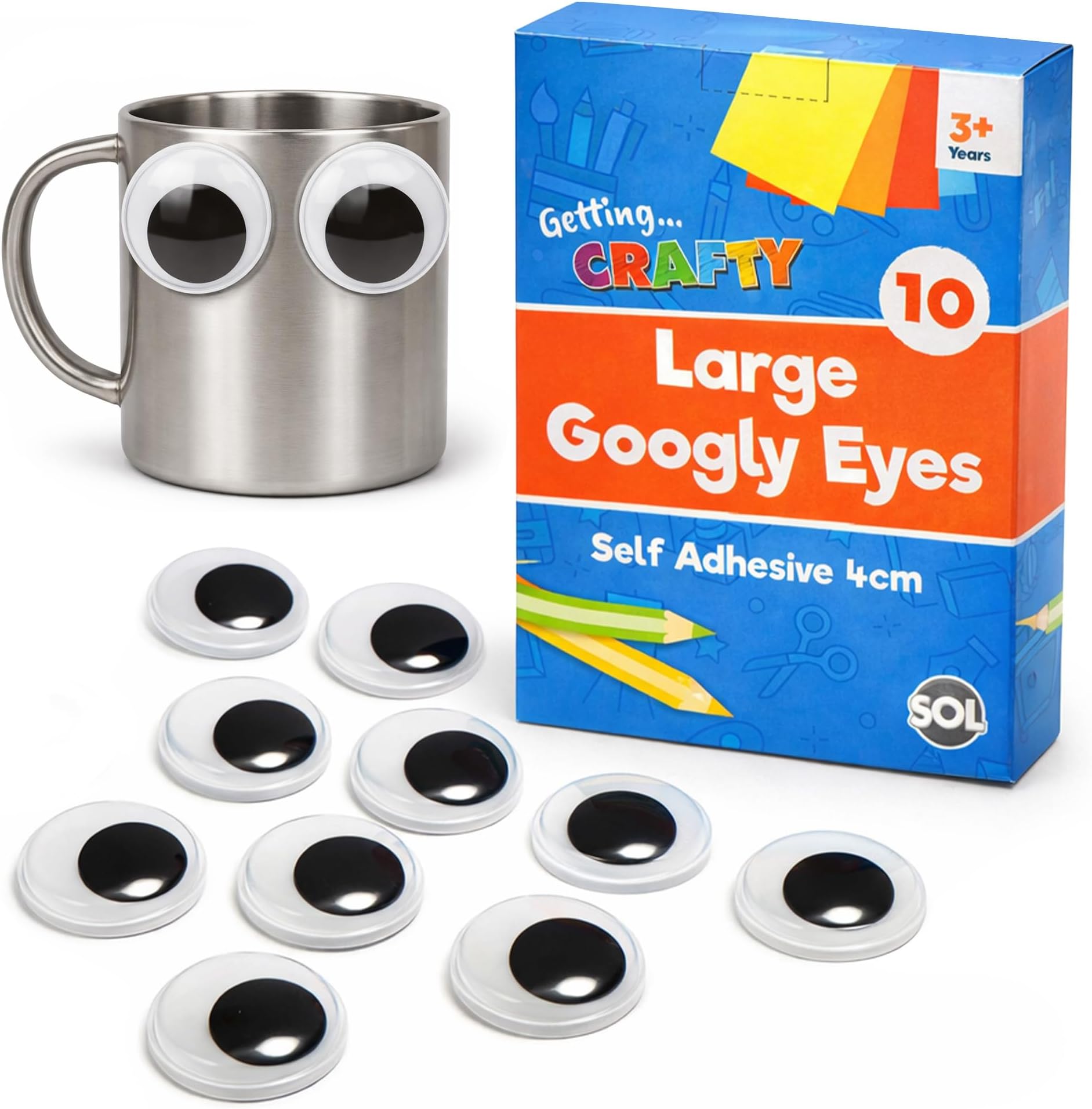 SOL 10pk Large Googly Eyes Self Adhesive 4cm - Sensory Toys & Decorations, Fun for Kids & Adults, DIY Projects, Puppets, Pranks & Cards, Sticks to Photos, Objects & Various Surfaces Adding Personality