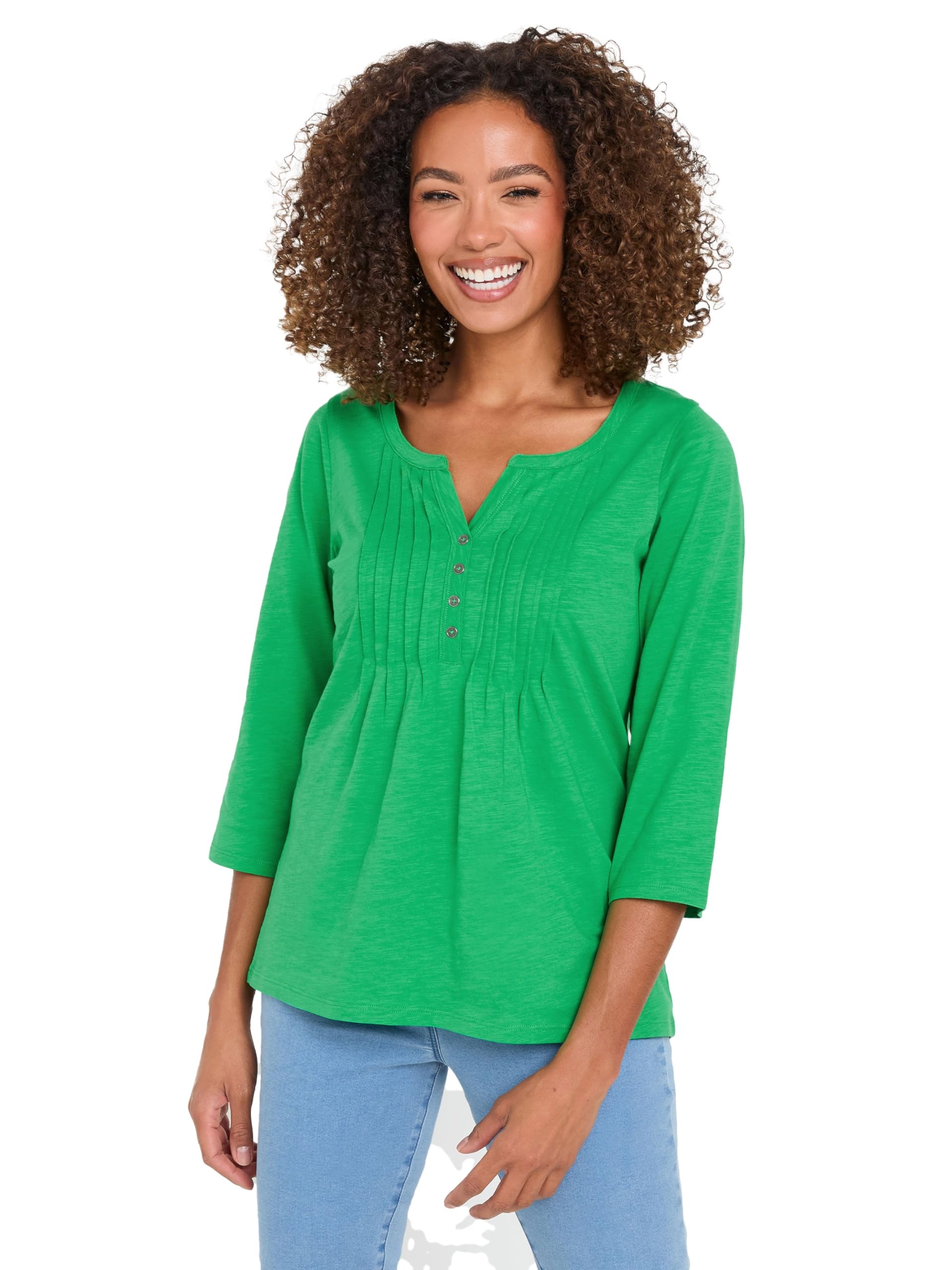 M&Co Women's Green Cotton Long Sleeve Henley Top