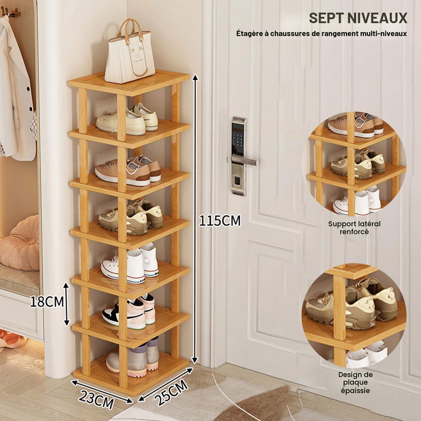 GAESHOW Étagère à Chaussures en Bambou, Armoire à Chaussures à 7 Niveaux, Etagere Chaussure, Rangement Chaussure pour Entrée, Salon, Chambre à Coucher, 25 × 23 × 115 cm