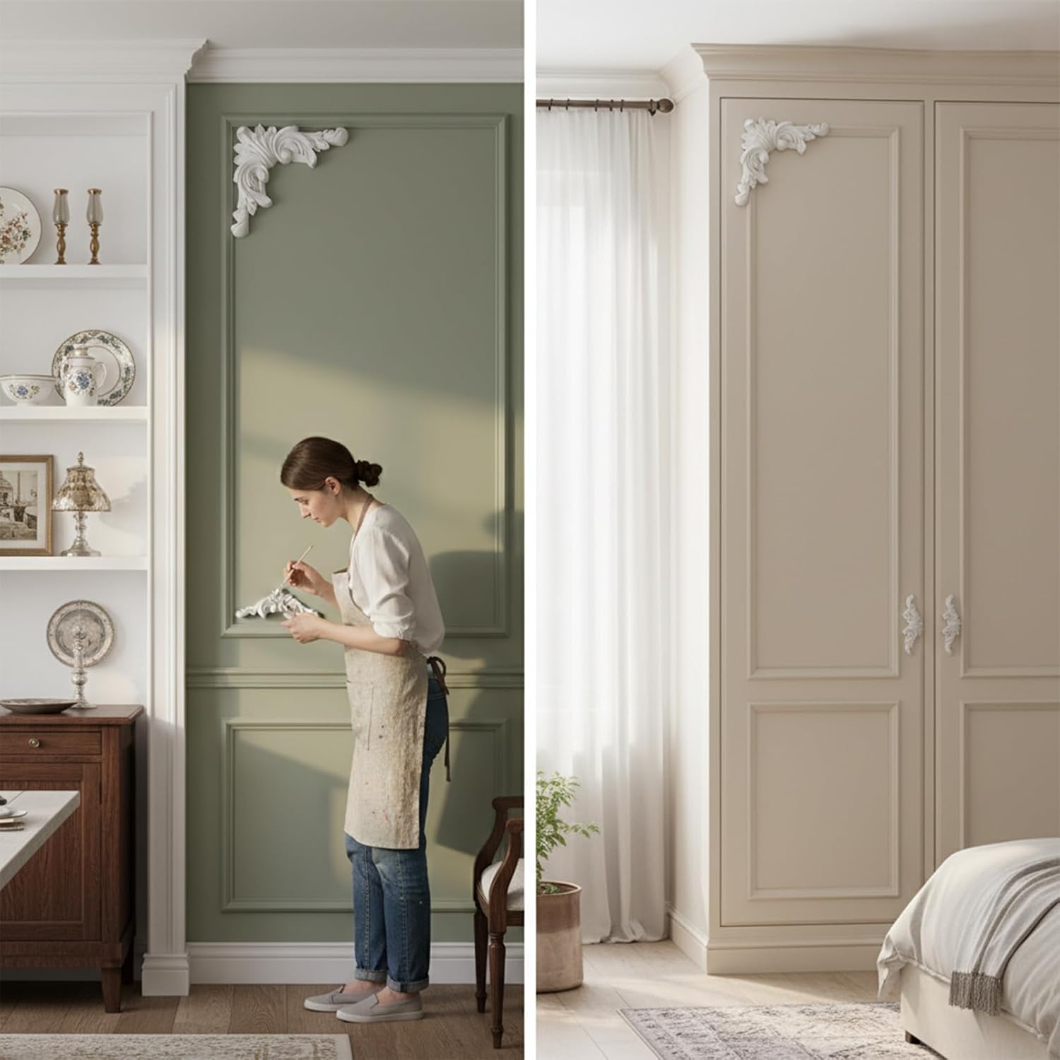 7.1''Decorative Corner Molding French Style, 4PCS Furniture Wall Corner Applique, Panel Wall Molding Kit for Wainscoting Cabinet Picture Frames Decor, Not Include Glue, PU (Curly Leaves)