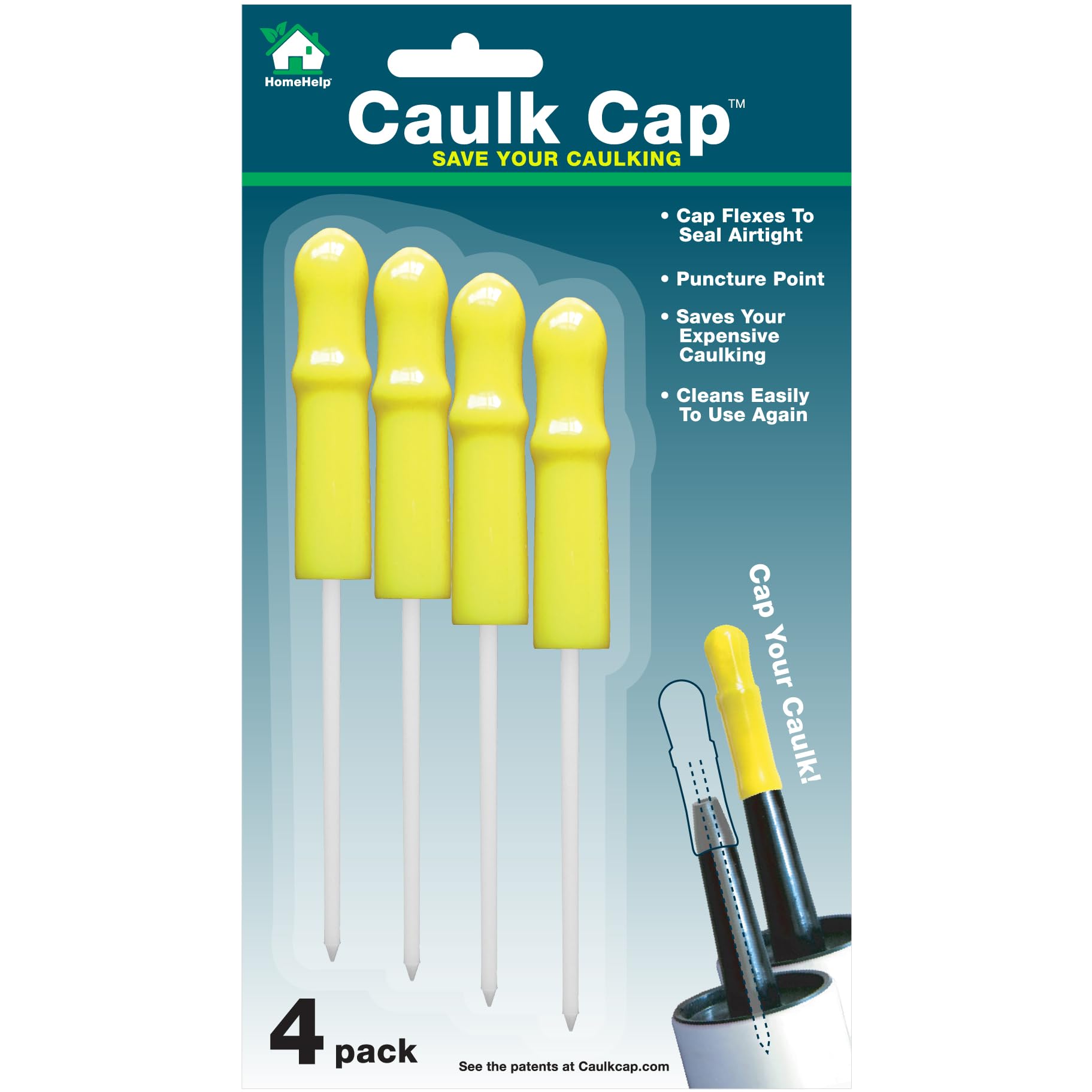 Caulk Cap CCY Caulk Saver Series, Reusable Caulk Tube Sealers with Built-In Puncture Pin, 4 Pack
