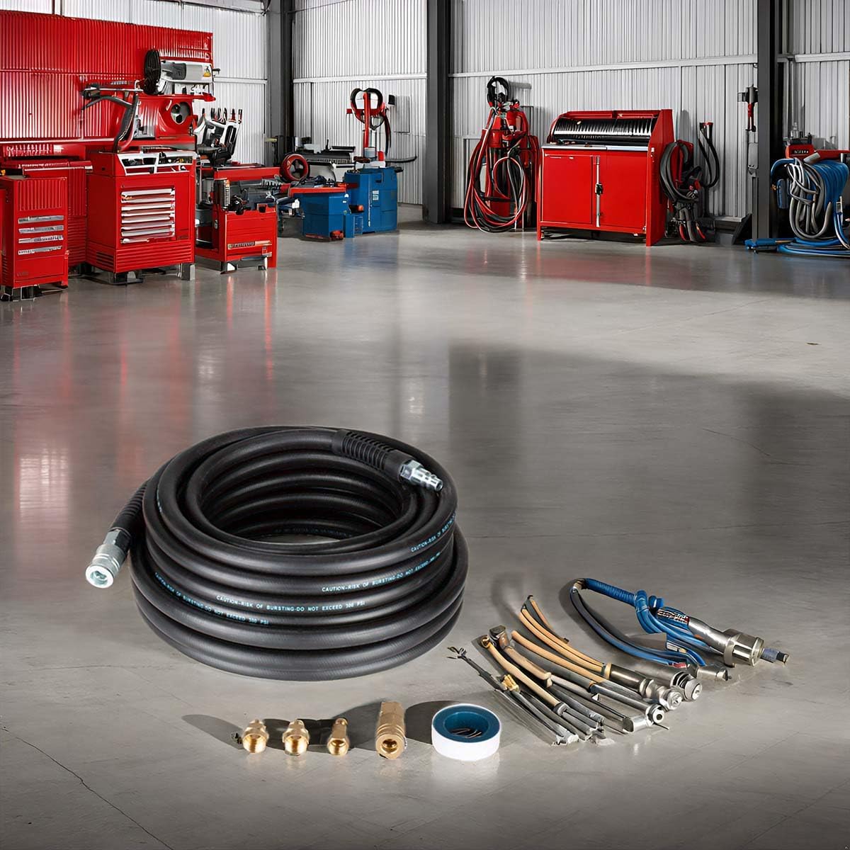 SANFU Hybrid Air Hose 1/2”ID x 50FT, 300PSI Durable, Heavy Duty, 3/8" and 1/4" Air Fittings Kits Reassembled, Bend Restrictors, Black(50’)