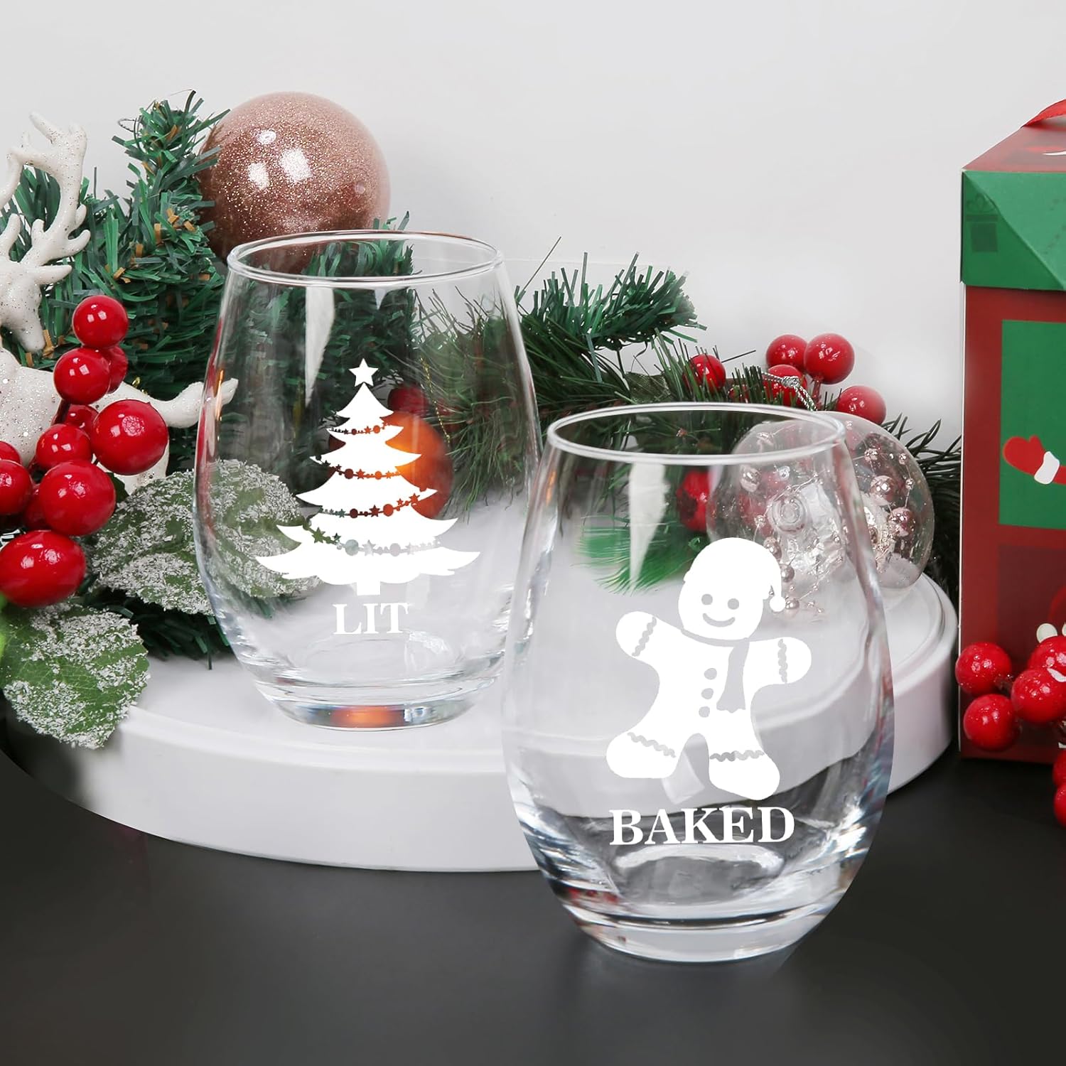 Funny Christmas Wine Glasses, Set of 4 Christmas Stemless Wine Glass for Men Women Friends Family Coworker, Holiday Gifts, Unique Gift Idea for Christmas New Year, 15Oz