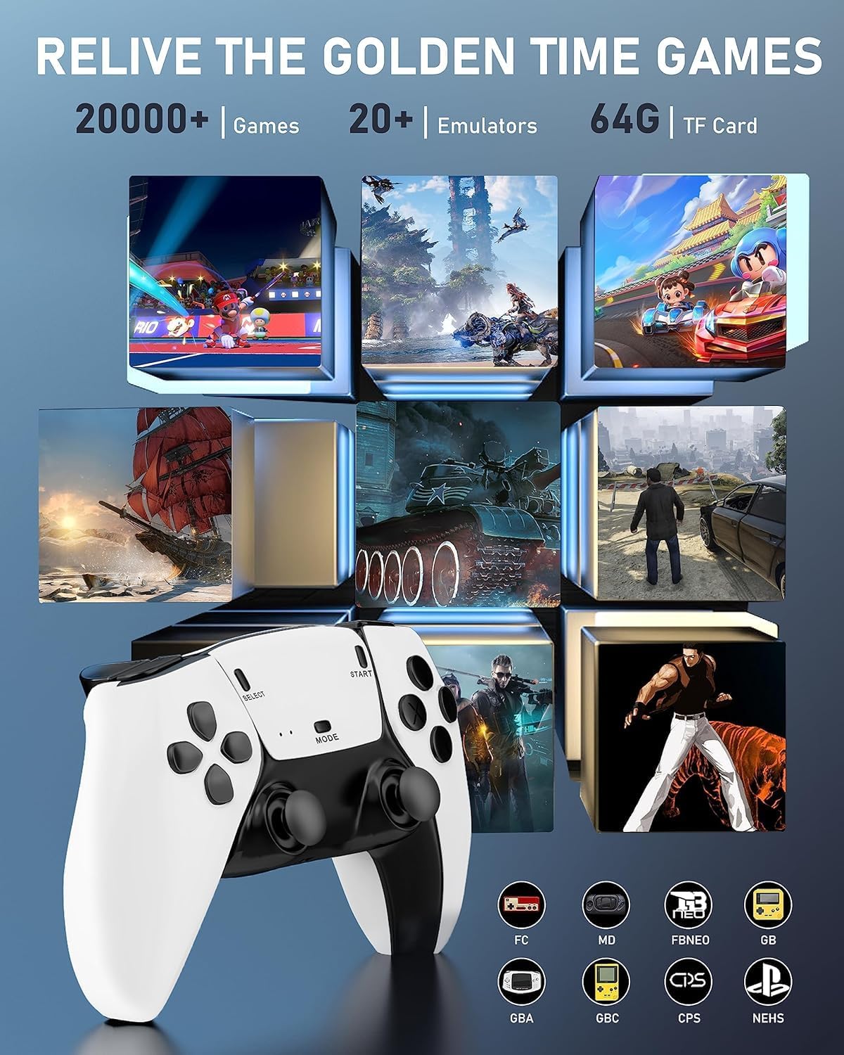 EXOMOON Wireless Retro Game Console Nostalgia Plug and Play Video Game Console 4k,40+ Emulators Console,64GB Built in 10000+ Video Games 2.4G Wireless Controllers 1