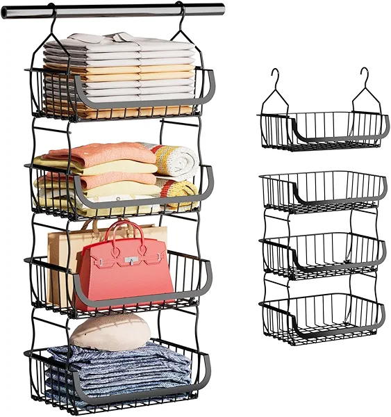 Metal Closet Hanging Organizer, 4 Tier Stackable Closet Organizers and Storage, Sturdy Clothes Hanging Shelves, Wire Storage Basket for Clothing Pants Coat Sweaters Handbags Hats, RV Pantry Organizer