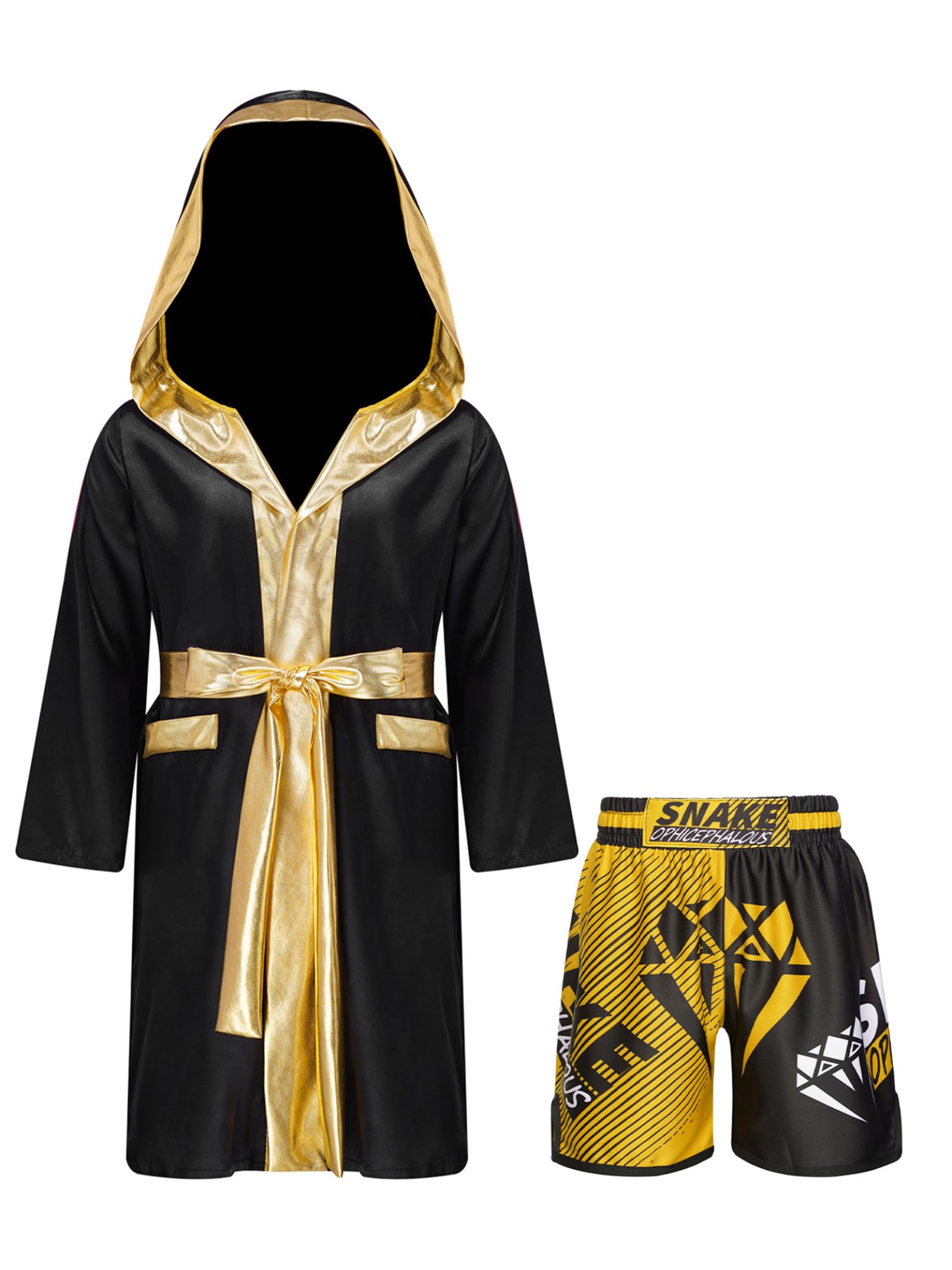Miaeowve Kids Boys Boxing Outfit Open Front Hooded Grown Cloak Metallic Satin Robe with Belt and Boxer Shorts Set B4 15-16 Years