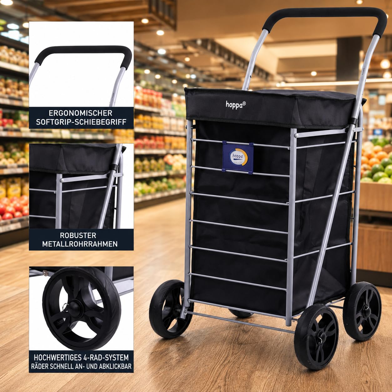 Hoppa Leichtgewichtiger 4-Rädiger Premium 2024 Modell Faltbarer Einkaufswagen Extra Große 64l Kapazität Einkaufswagentasche, 95cm, 4.8kg, Schieb/Zieh Treppensteiger (Schwarz)