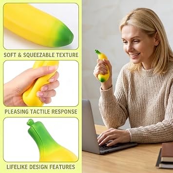3 PCS Banana Squishy, Two Large and One Small Banana Fidget Items, Soft Fruit Shaped Squeeze Objects, Sensory Stress Relief Accessories for Desk or Home