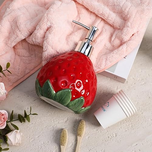 Miniatura 6 de CHOOLD Dispensador de jabón de fresa retro de cerámica con bomba de plástico, contenedor de jabón de manos de loción recargable, botella de loción