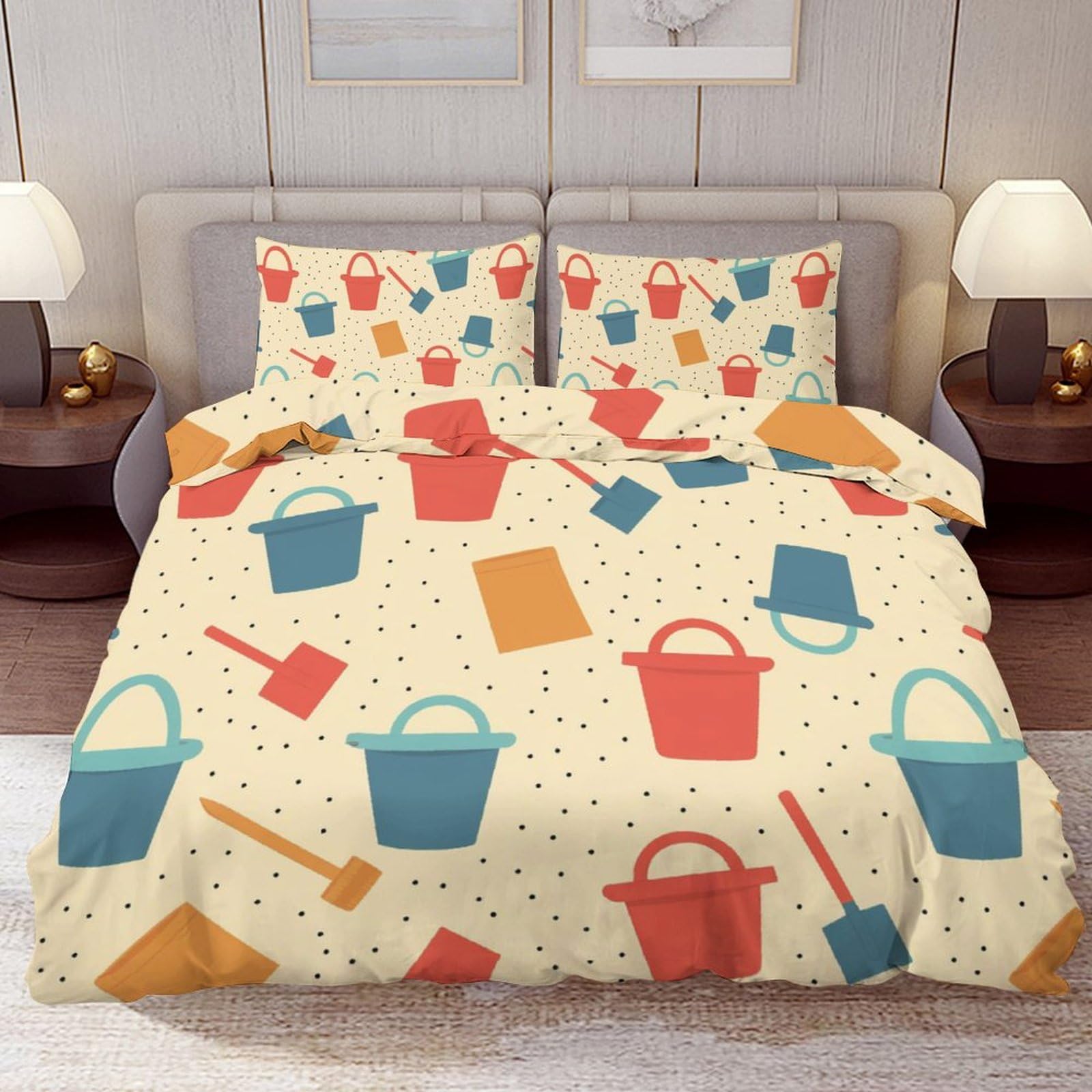 Delerain Comforter Cover Set Full Size, Bucket and Spade 3-Piece Bedding Set for Boys Girls Teens Modern Soft Microfiber Bedroom Set Room Decor, 1 Duvet Cover + 2 Pillowcases