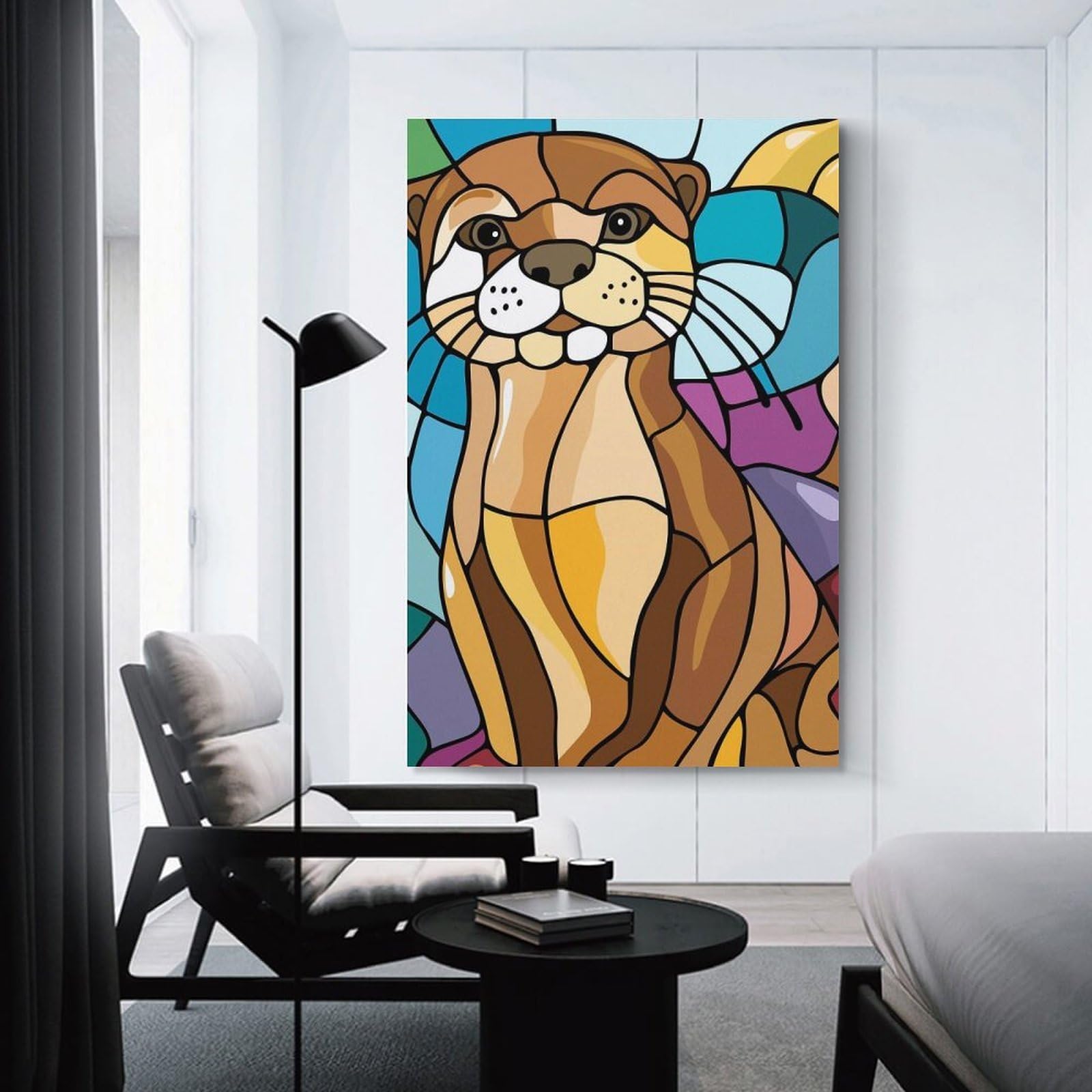 Junmoney Stained Glass Otter Decorative Wall Artwork, 24x36inch(60x90cm), for Home Lounge, Bedroom Or Reading Nook, Eye Catching Artwork for Blank Walls