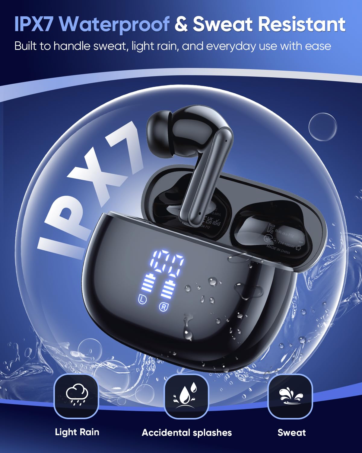 Ear Buds Wireless Earbuds, Bluetooth Headphones 5.4 with 4 ENC Noise Cancelling Mic, 48H Playtime LED Display, IPX7 Waterproof, Deep Bass Stereo – Headphones Wireless for Running, Gym & Gaming, Black - 4