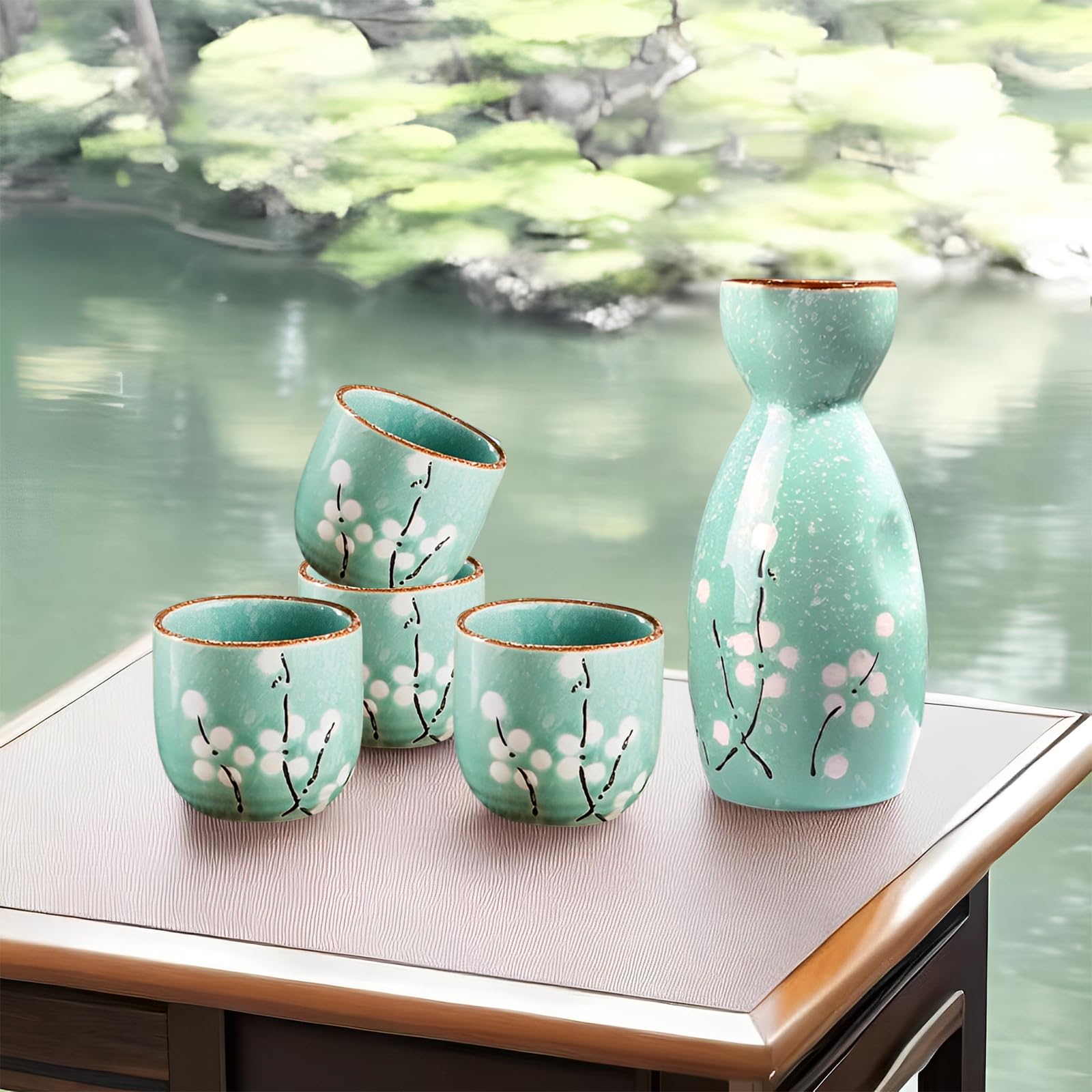 Sake Set,5-teilig Handbemalt Japanisch Kirschblüte Sake Becher Warm Wein Topf Traditionellektassen Weingläser Basteln Geschenk(Cyan)