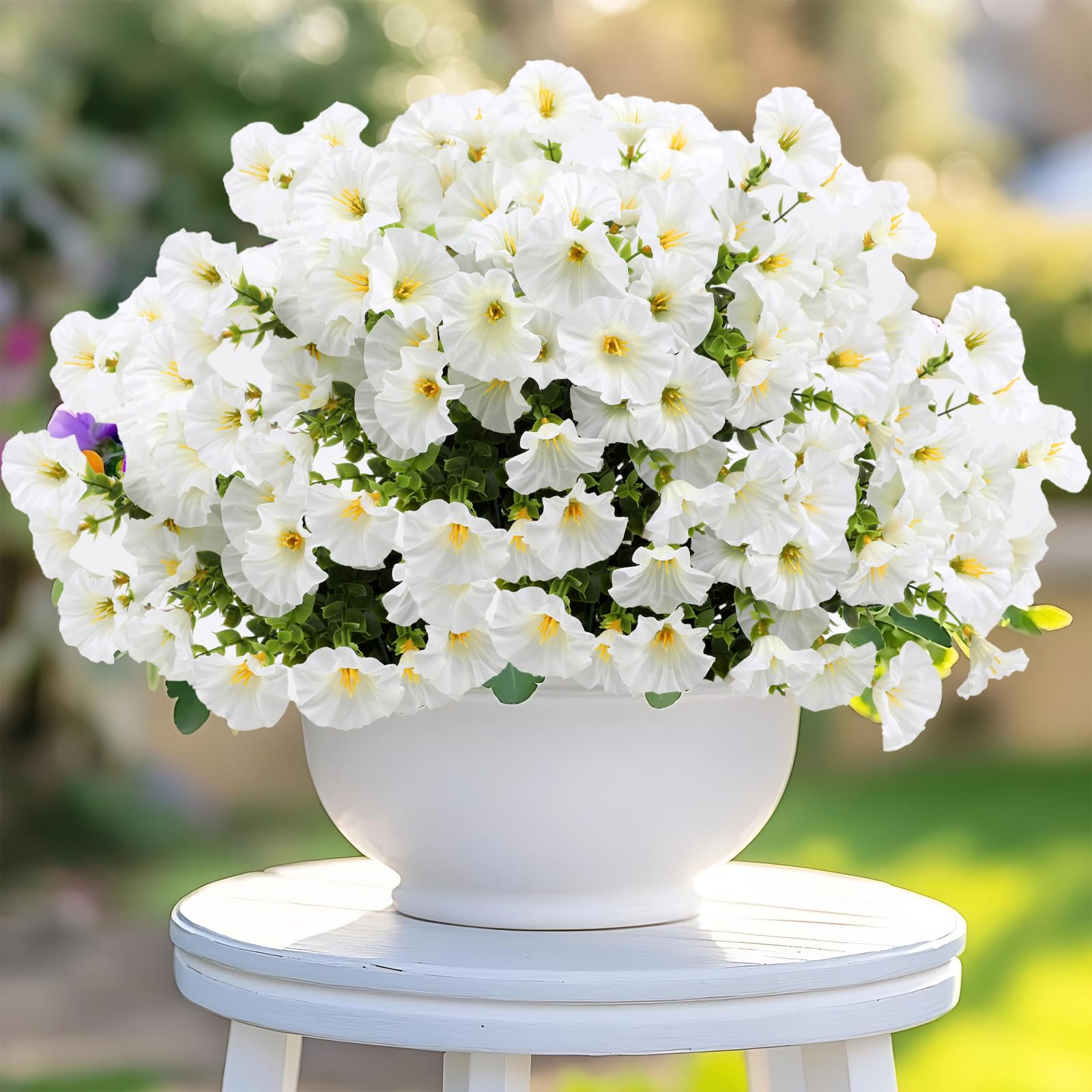 12 Bundles Artificial Flowers for Outdoors Decoration, Fake Silk Morning Glory Flowers Faux Eucalyptus Plants UV Resistant for Patio Garden Home Decor (White) image 2