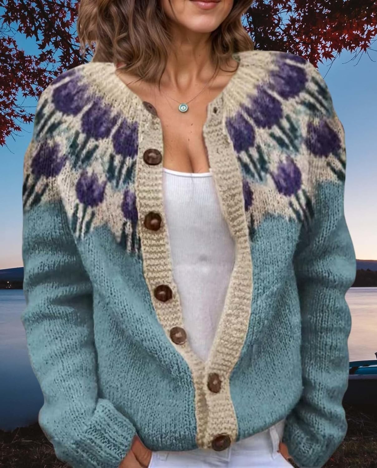 Women's Fair Isle Pattern Knit Cardigan Sweater Vintage Button Down Open Front Jacket Coat for Fall & Winter 2025 - Image 6