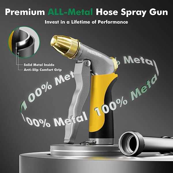 RESTMO High Pressure Hose Pipe Spray Gun, 100% Metal Garden Hose Gun with Solid Brass Head, Adjustable Water Flow, 4 Spray Patterns, Ideal for Car Washing, Gardening, Patio & Window Cleaning, Yellow - 3